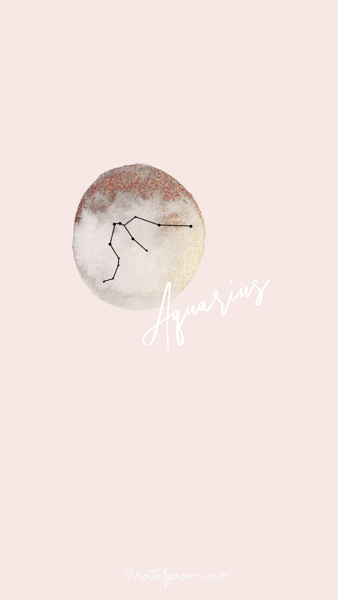 aquarius 桌布 壁紙 — 柔和粉紅背景上，帶有水瓶座星座線條和閃粉質感的極簡水彩圓圈。