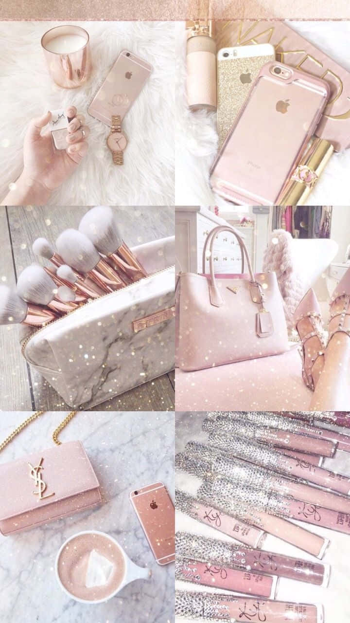 girly pink aesthetic 桌布 壁紙 — 柔和粉紅與玫瑰金美學拼貼， featuring 美容產品、奢華配飾和毛絨白色地毯。