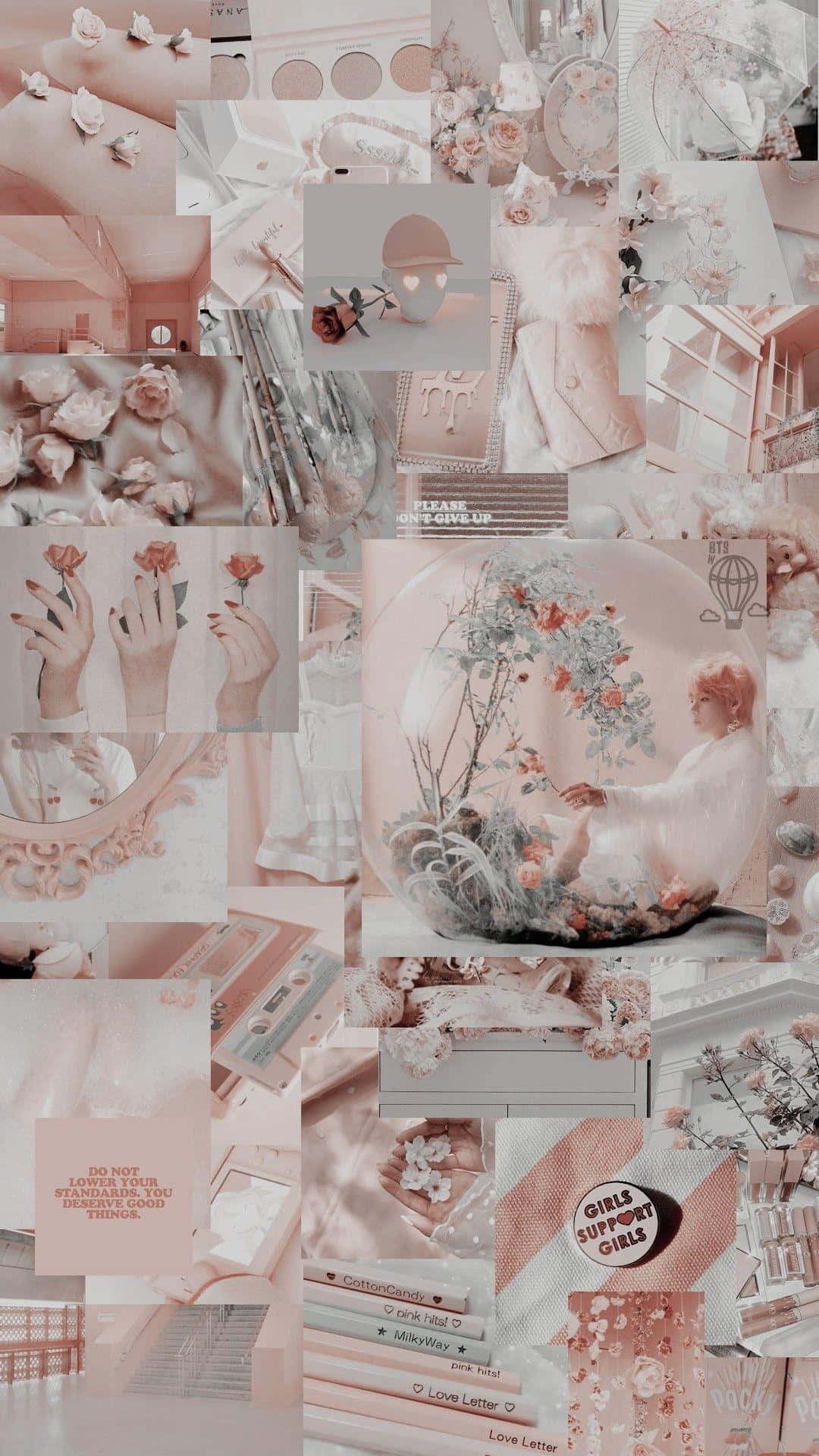 Aesthetic Pink Collage 桌布 壁紙 — 柔和粉紅與白色的拼貼畫，包含花朵、手、鏡子和復古物品，營造夢幻的女性美學。
