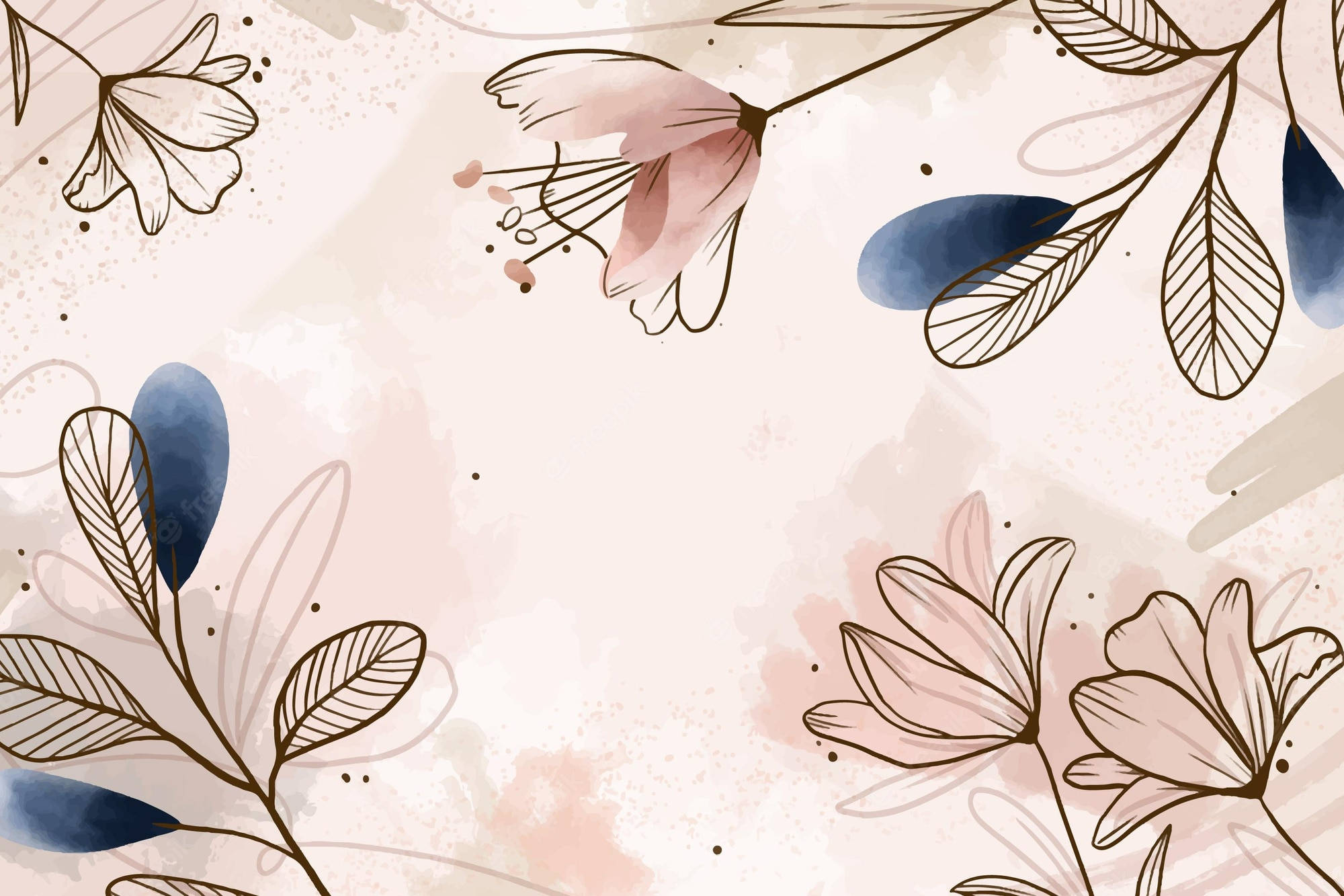 Flowers Aesthetic 桌布 壁紙 — 柔和粉紅與藍色調的精緻水彩花朵與葉子，優雅地漂浮在帶有紋理的米色背景上。