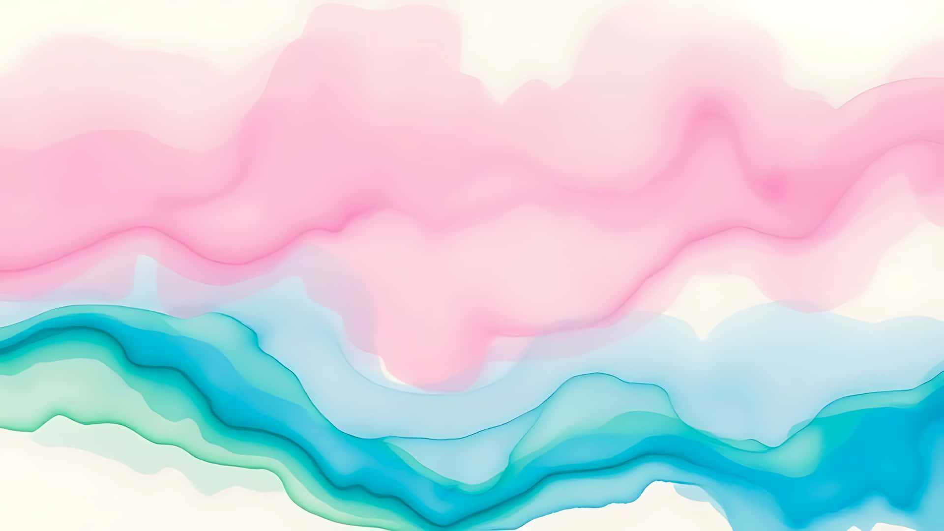 Abstract watercolor painting featuring pink, blue, and green flowing colors 壁紙 — 柔和粉紅與青綠色的波浪層在奶油白背景上優雅流動，呈現夢幻抽象設計。