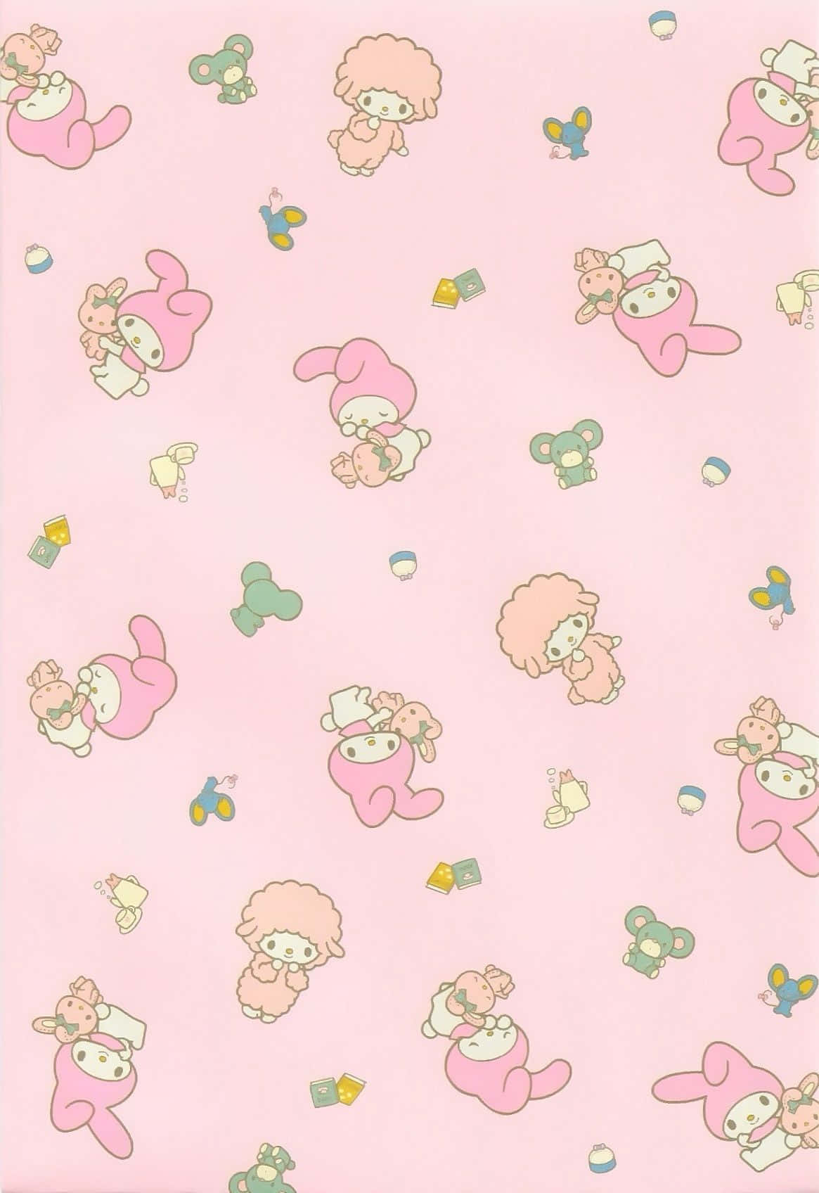 Cute Kawaii Japanese Characters 桌布 壁紙 — 柔和粉紅色壁紙，圖案為散落的可愛My Melody角色和粉彩小玩具。