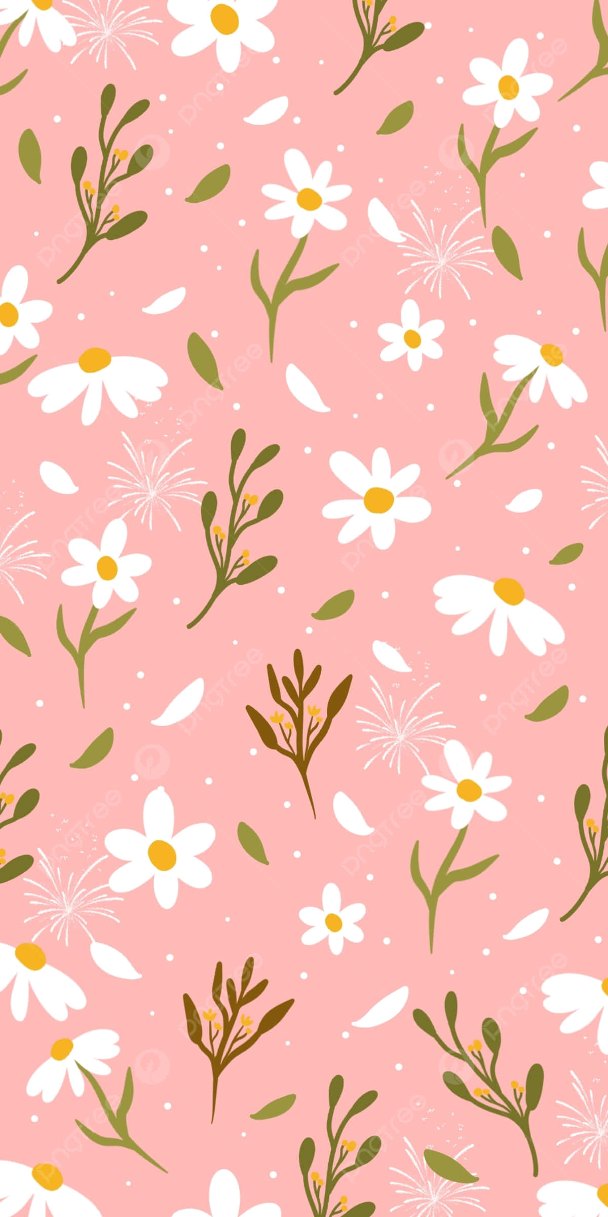Cute Flower 桌布 壁紙 — 柔和粉紅色壁紙，圖案為白色雛菊、綠色莖幹和散落的葉子，營造出溫柔的花卉設計。