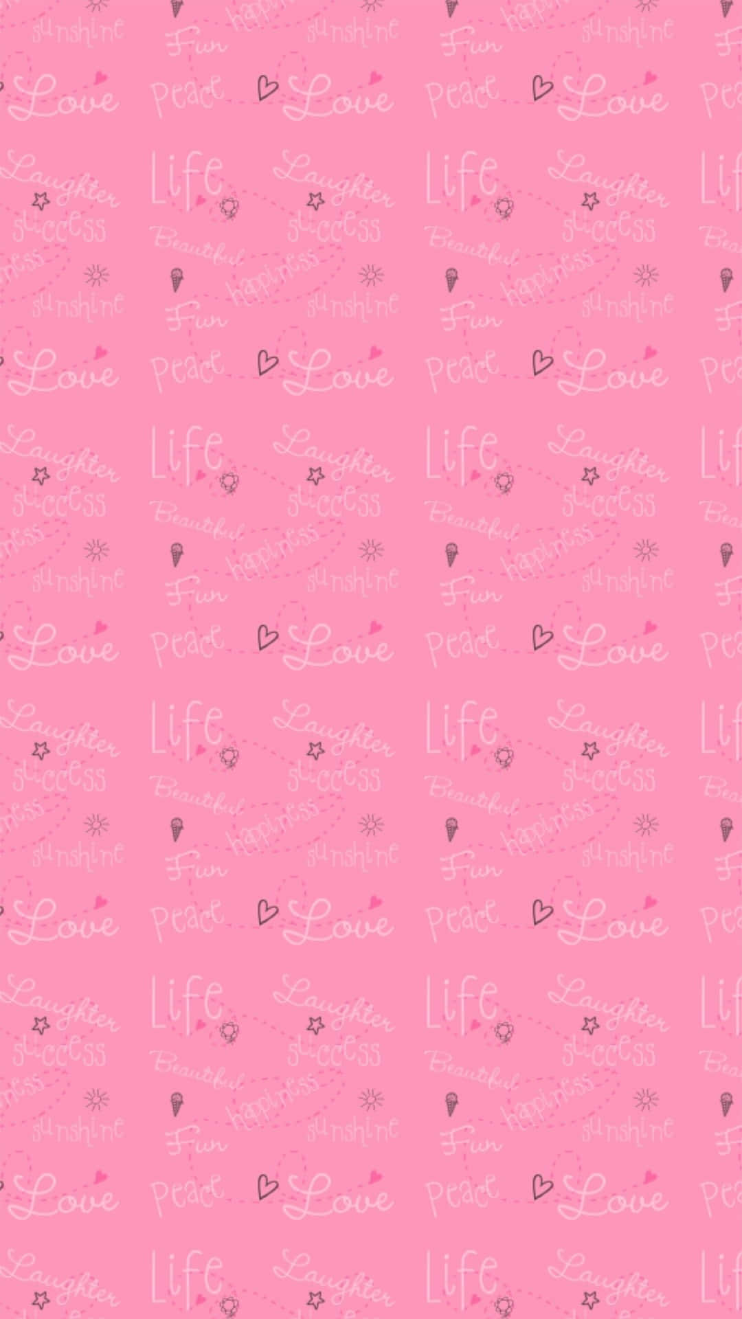 Pretty Pink 桌布 壁紙 — 柔和粉紅色壁紙圖案，以精緻草書重複「愛」、「生活」和「歡笑」等字詞，並綴有細小心形和星星。