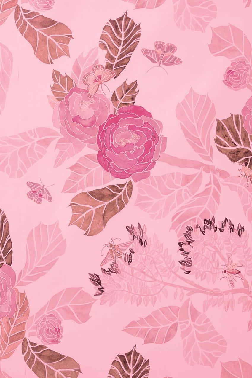 Pink Watercolor 桌布 壁紙 — 柔和粉紅色壁紙圖案，帶有風格化的玫瑰、葉子和蝴蝶，色調柔和。