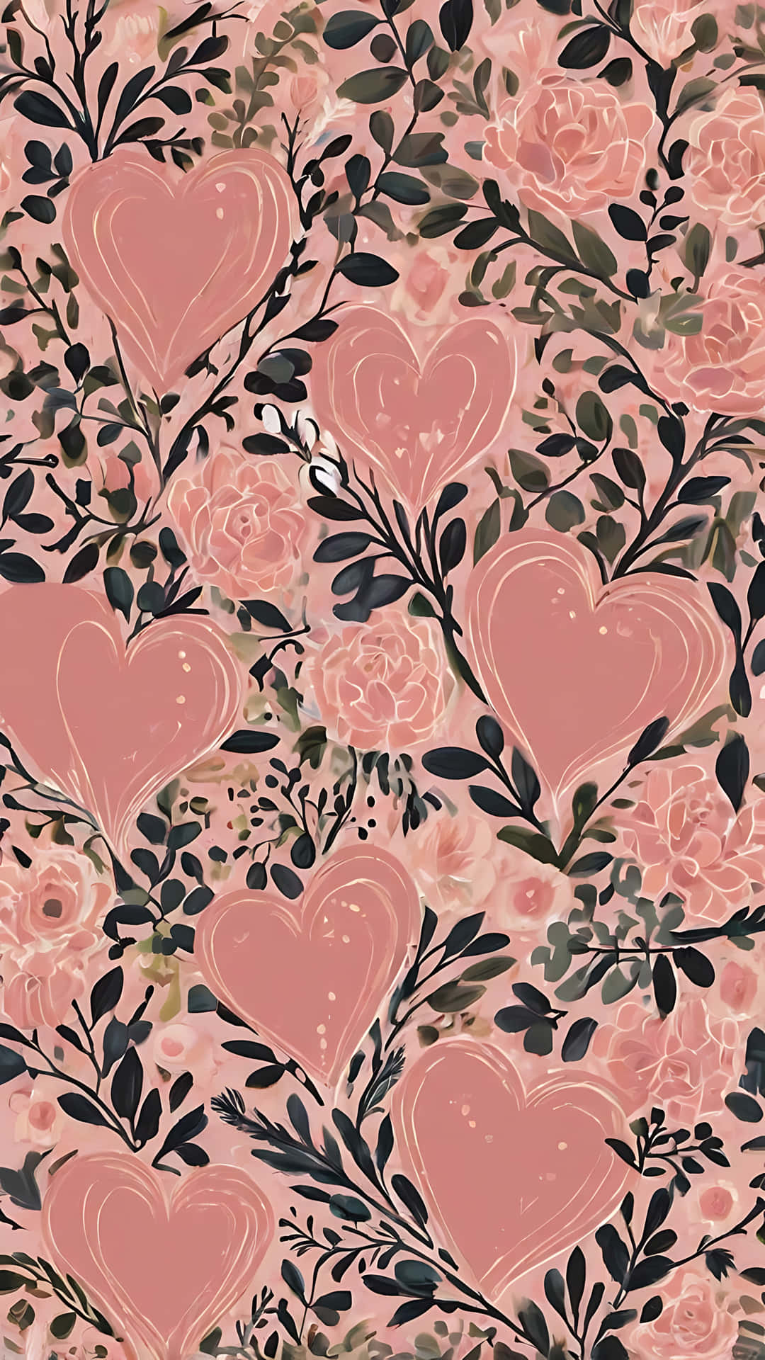Floral Hearts for Lovebirds. smartphone wallpaper 壁紙 — 柔和粉紅色壁紙圖案，手繪心形和玫瑰與深綠色葉子交織在一起。
