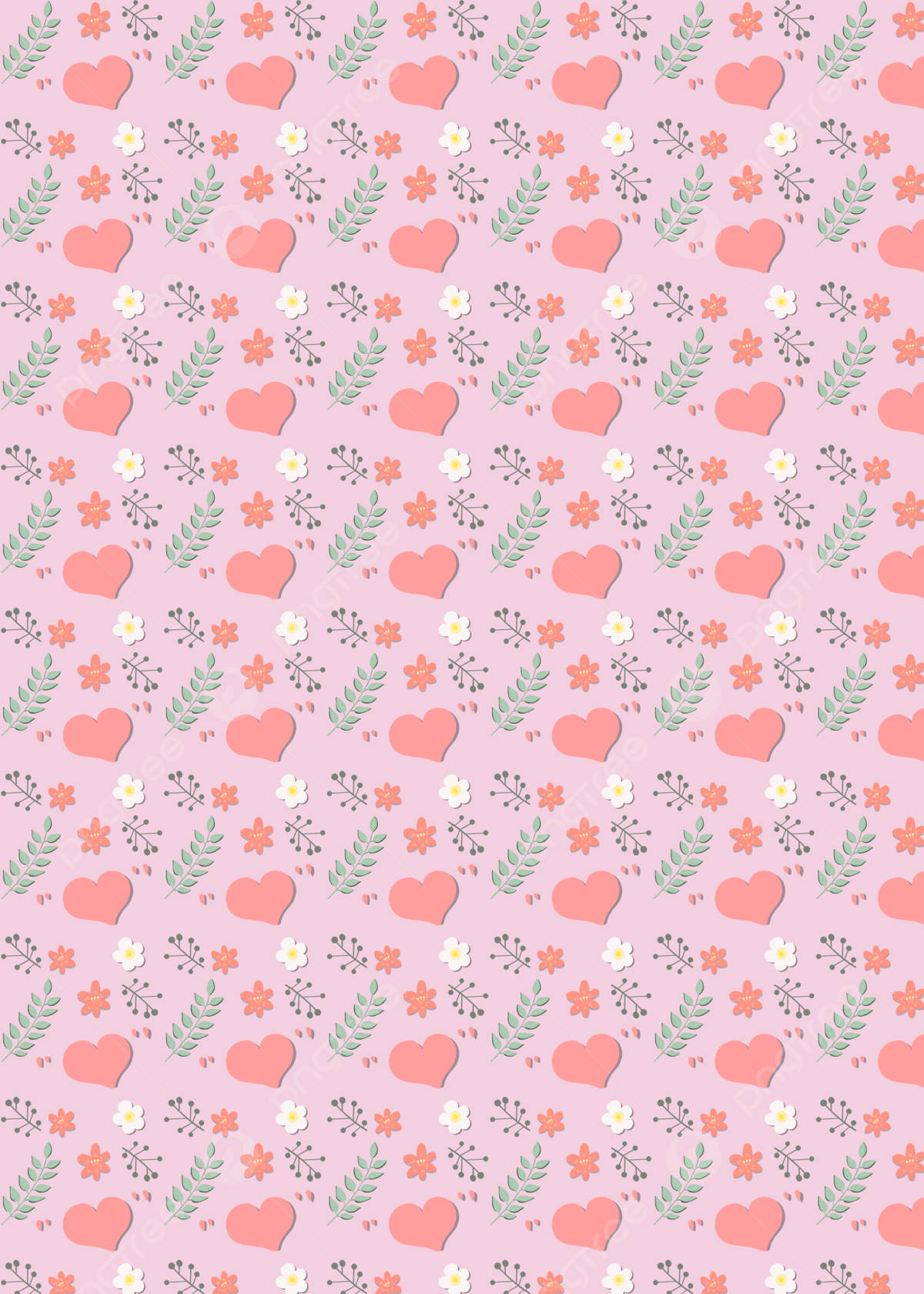Tumblr Valentines Day 桌布 壁紙 — 柔和粉紅色壁紙圖案，重複的心形、花朵和葉子，採用粉彩色調。