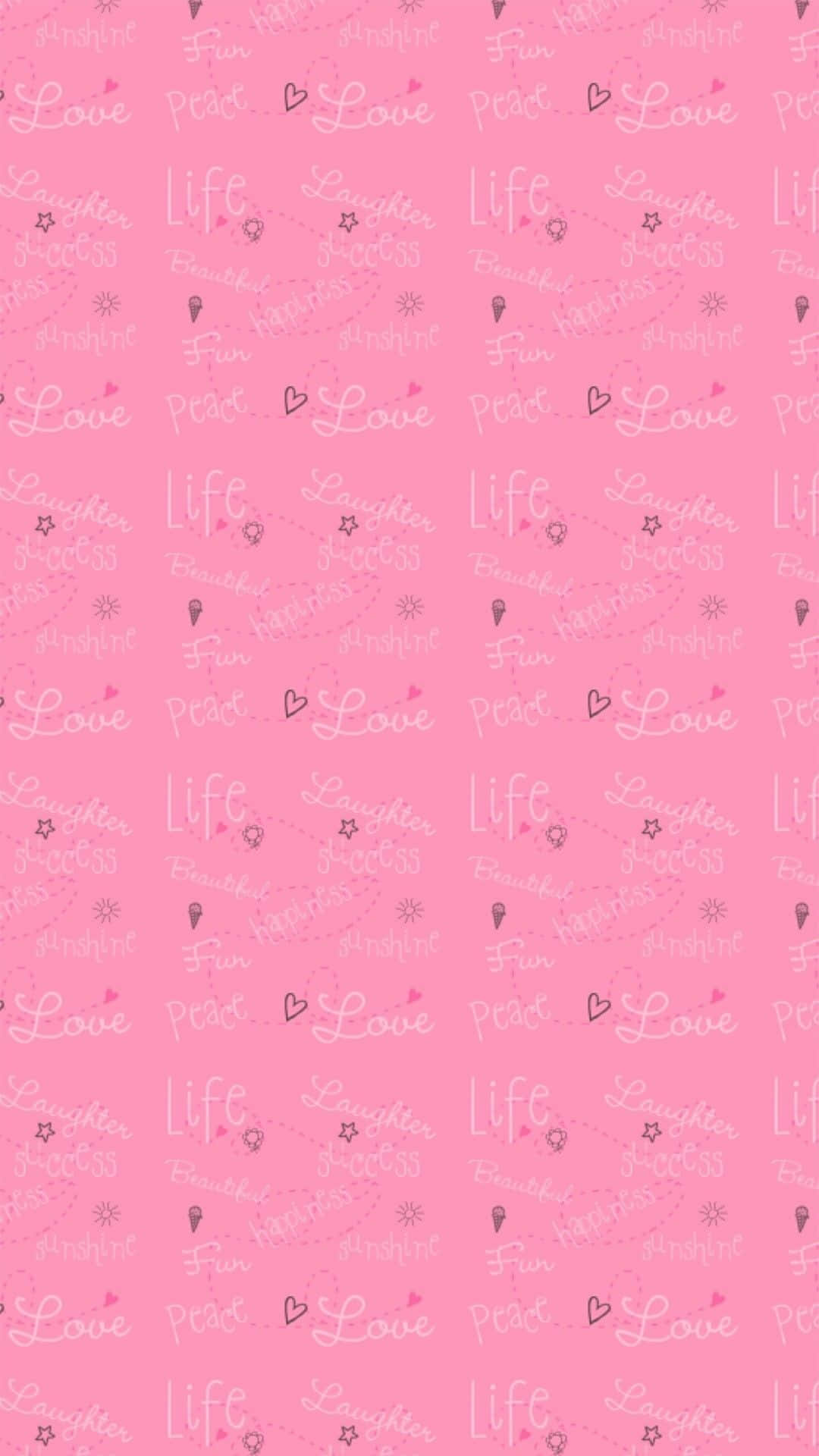 可愛 iPhone 桌布 桌布 壁紙 — 柔和粉紅色壁紙圖案重複 love life 和 laughter 等字詞，以精緻草書書寫，並帶有細小的心形和星星。