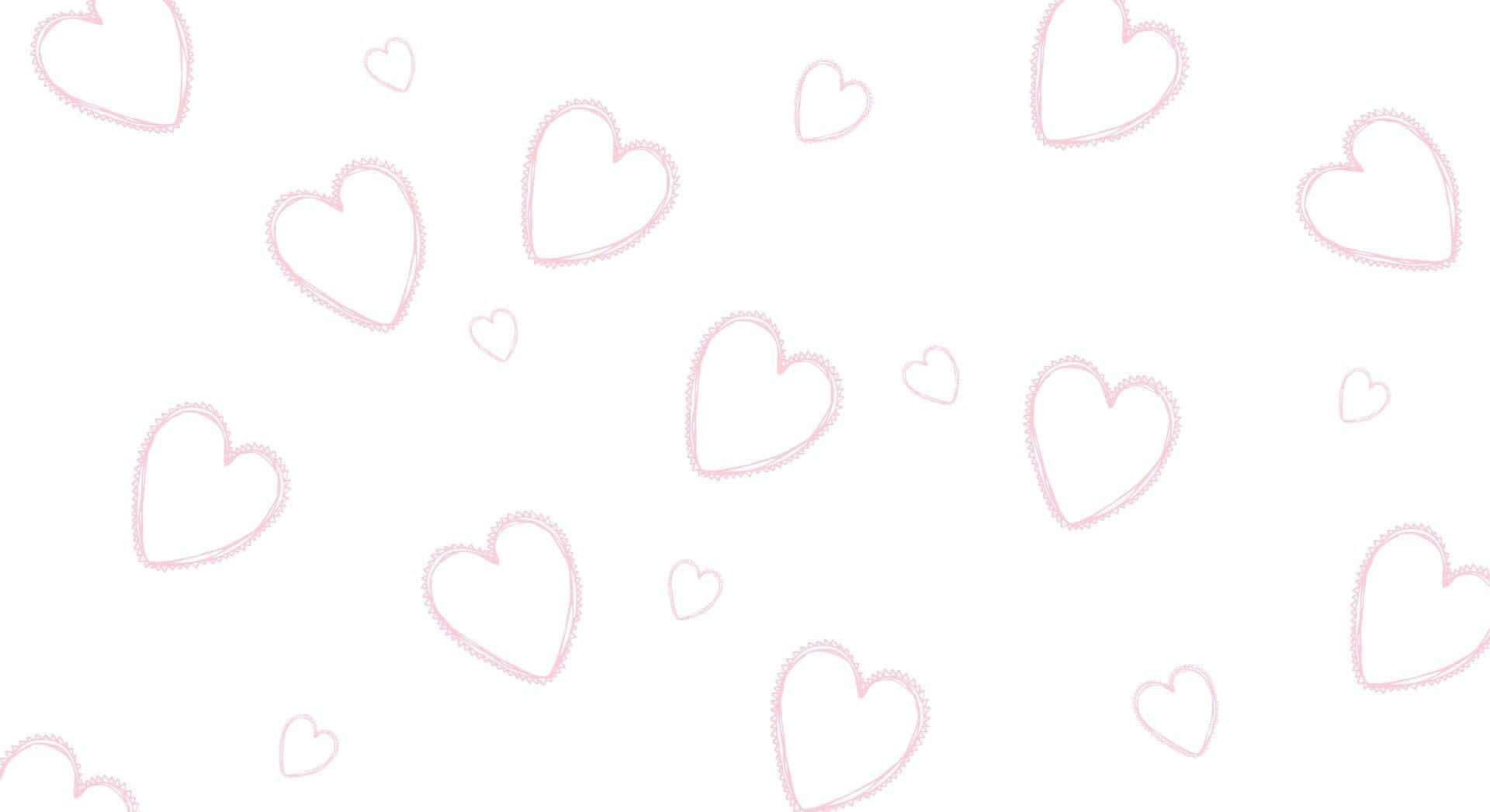 White Heart 桌布 壁紙 — 柔和粉紅色手繪心形在潔白背景上以散落圖案輕輕漂浮。