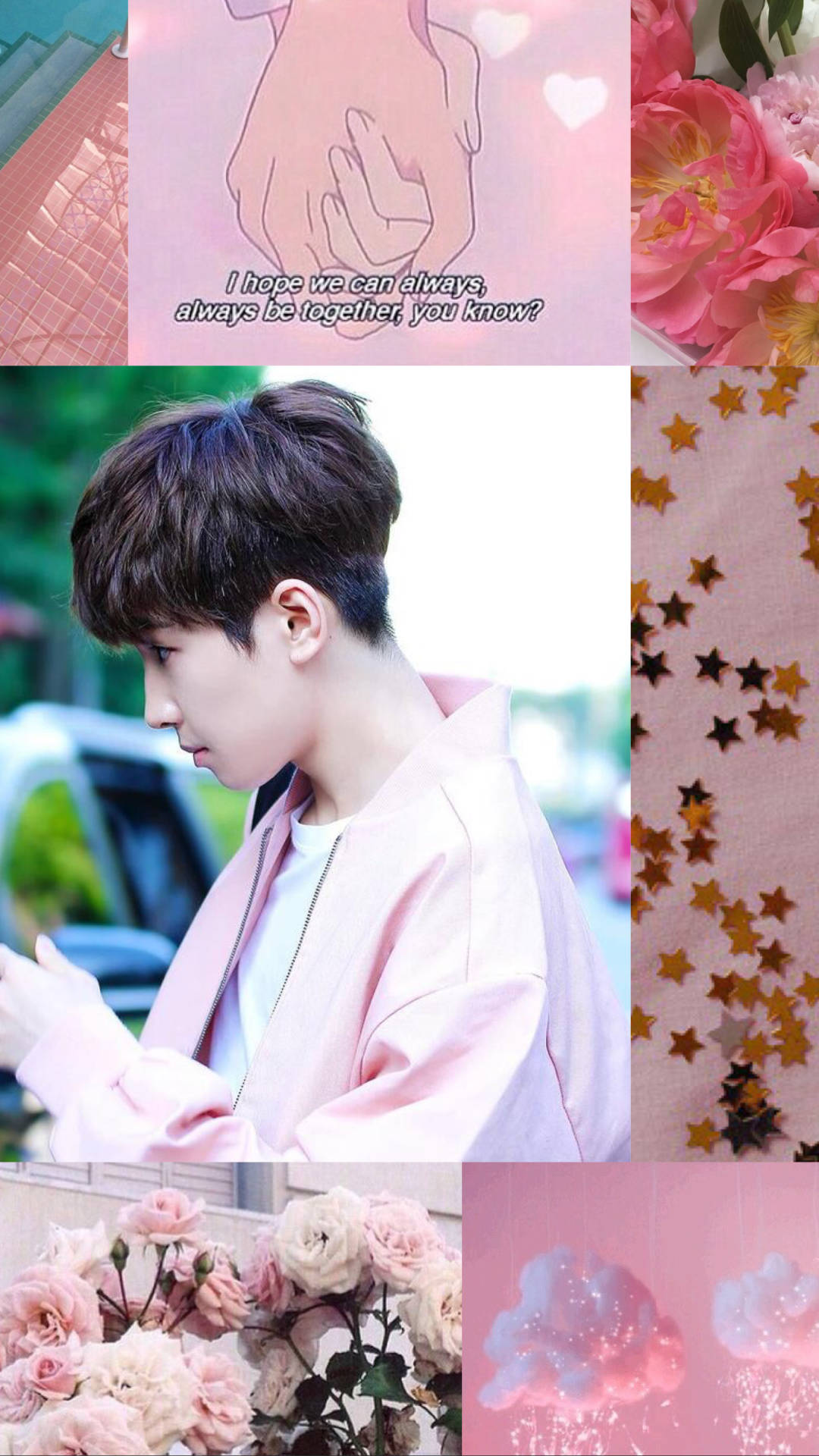 Wonwoo 桌布 壁紙 — 柔和粉紅色拼貼畫， featuring 年輕男子側面輪廓、玫瑰、星星紙屑，以及一幅牽手插圖配上浪漫文字。