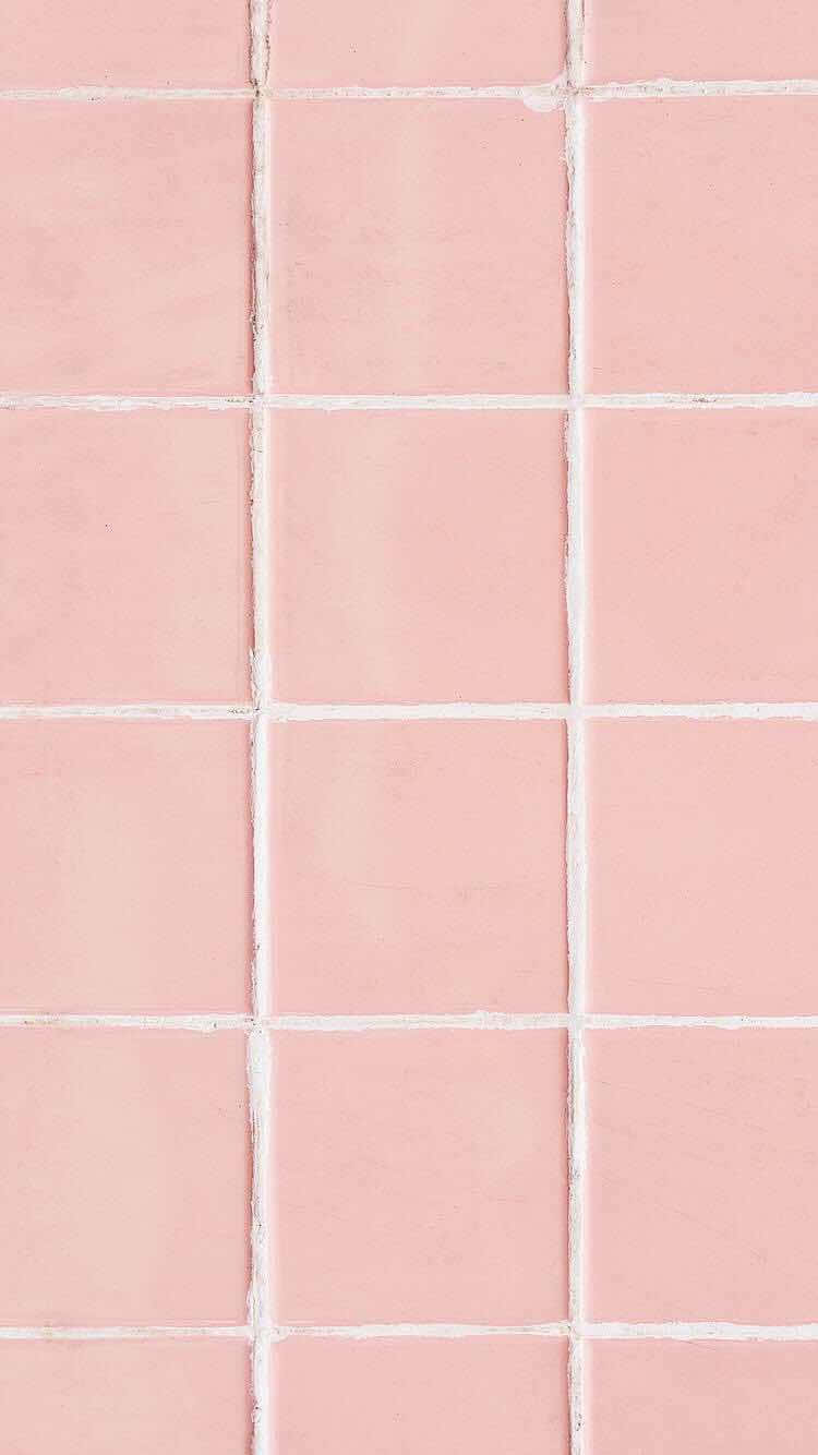 Pink Grid 桌布 壁紙 — 柔和粉紅色方形瓷磚的近距離特寫，搭配白色填縫線，營造出乾淨簡約的圖案。