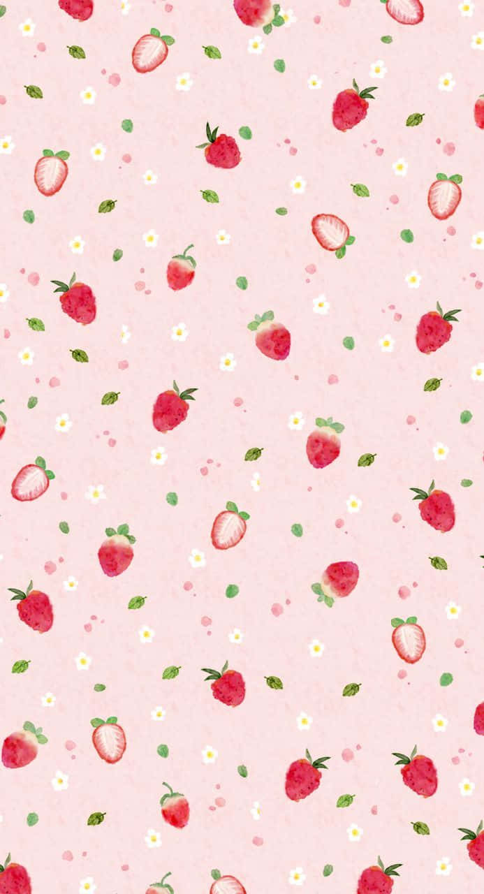 Cute Strawberry 桌布 壁紙 — 柔和粉紅色桌布，散落著紅色草莓、白色花朵和綠色葉子，採用夢幻水彩風格。