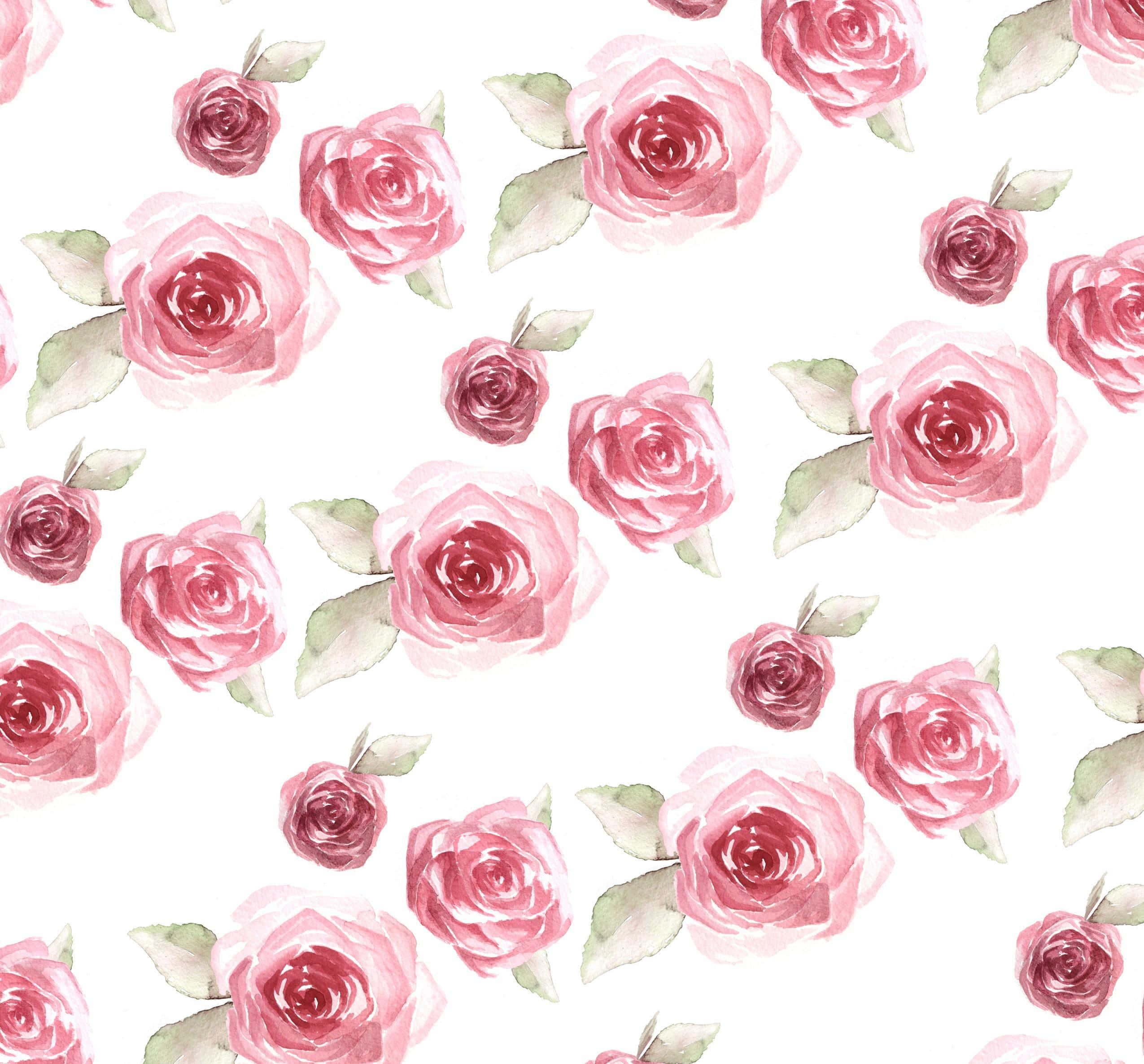 Rose Art 桌布 壁紙 — 柔和粉紅色水彩玫瑰，搭配綠色葉子，散落在潔白背景上。