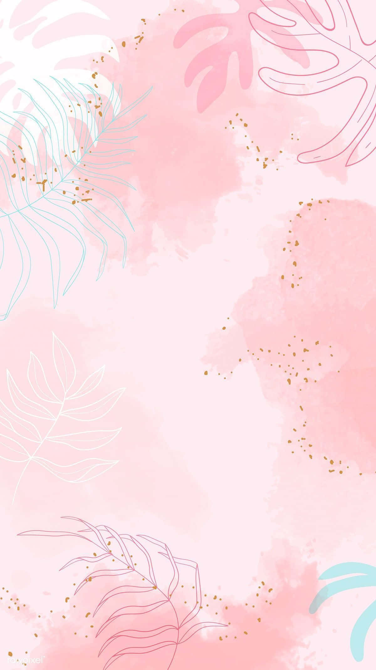Pink Cute 桌布 壁紙 — 柔和粉紅色水彩背景，飾有精緻的熱帶葉子輪廓和散落的金色斑點。