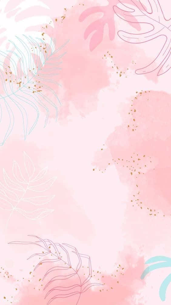 Pink Watercolor 桌布 壁紙 — 柔和粉紅色水彩背景，飾有精緻的熱帶葉子輪廓和散落的金色亮粉點綴。