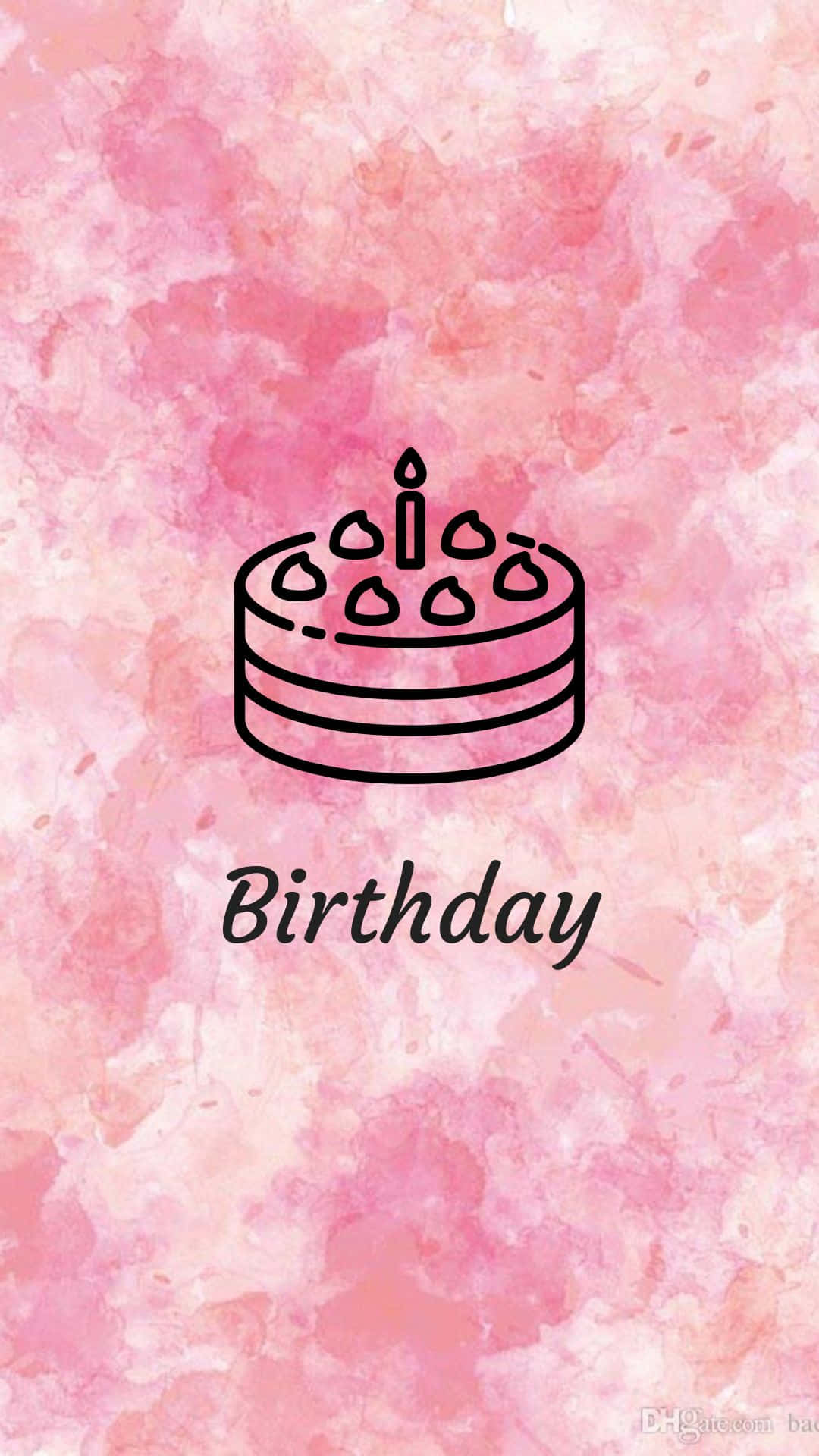 Birthday 桌布 壁紙 — 柔和粉紅色水彩背景上，一個帶有一根蠟燭和六個裝飾的生日蛋糕的極簡黑色線條畫。