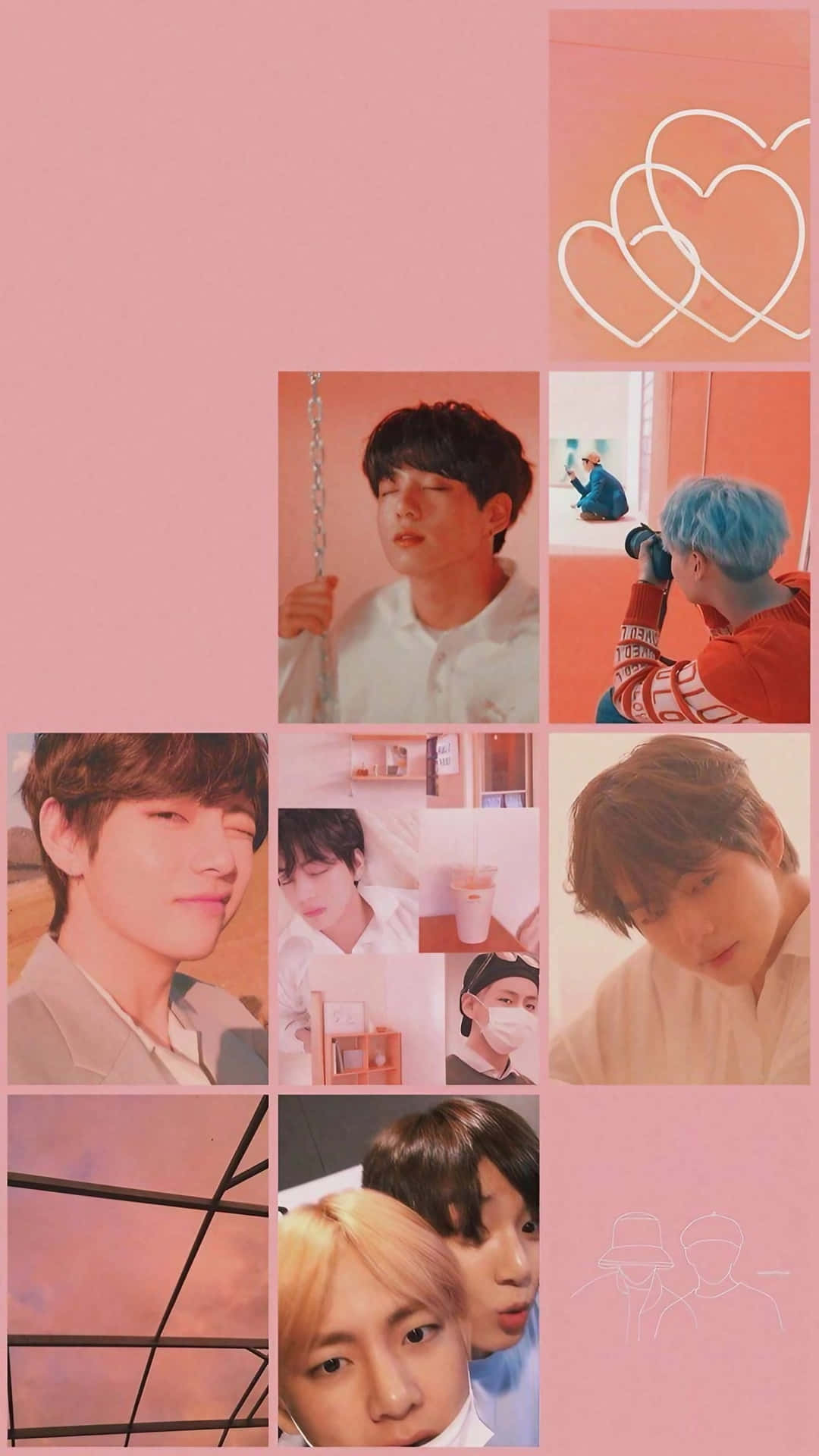 Aesthetic Korean 桌布 壁紙 — 柔和粉紅色的K-pop偶像自然瞬間拼貼畫，帶有心形塗鴉和粉彩調。