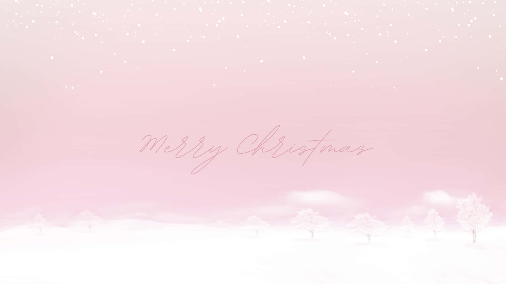 Pastel Aesthetic Christmas 桌布 壁紙 — 柔和粉紅色的冬日場景，白雪覆蓋的樹木和飄落的雪花，溫柔的天空中央有「Merry Christmas」字樣。