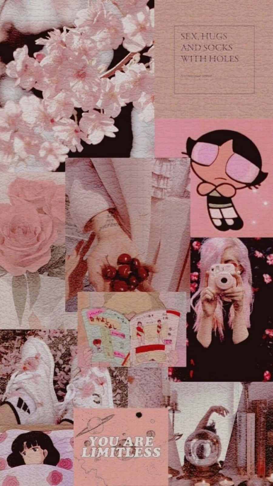 Aesthetic Pink Collage 桌布 壁紙 — 柔和粉紅色的拼貼畫，包含櫻花、動漫角色、手寫語錄和復古物品，營造出夢幻般的美感。