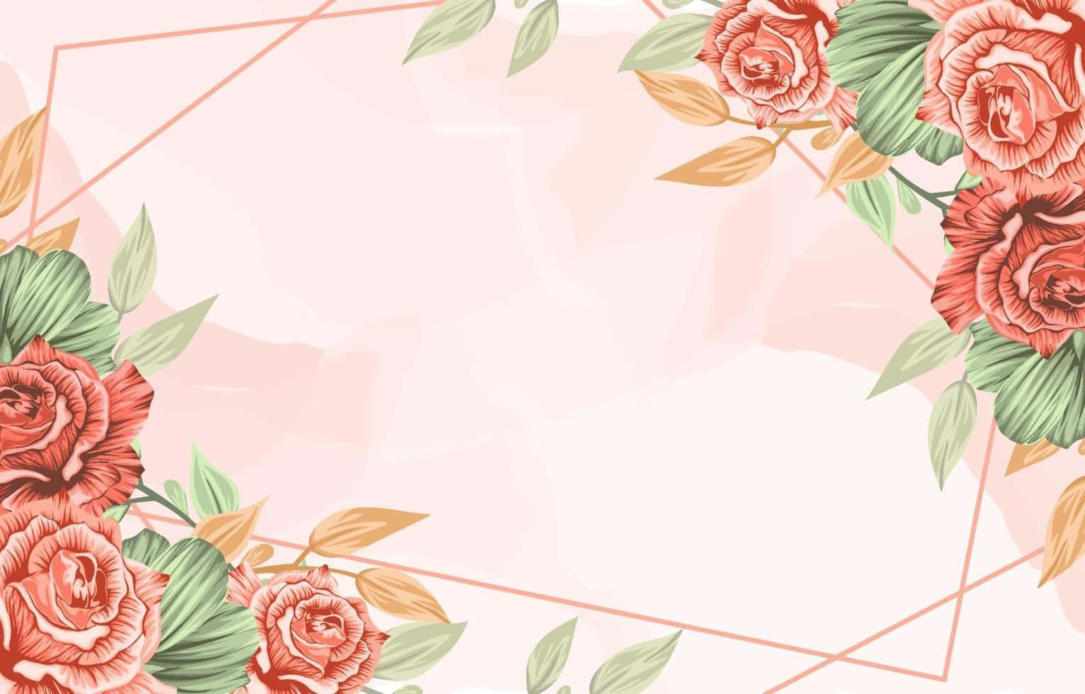 Spring Flower 桌布 壁紙 — 柔和粉紅色背景，以珊瑚玫瑰和綠葉搭配幾何銅線框飾。