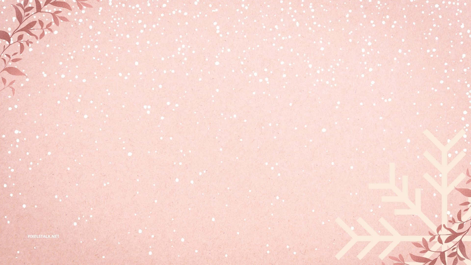 girly pink aesthetic 桌布 壁紙 — 柔和粉紅色背景，帶有精緻的白色雪花和角落中柔和的紅色樹葉點綴。