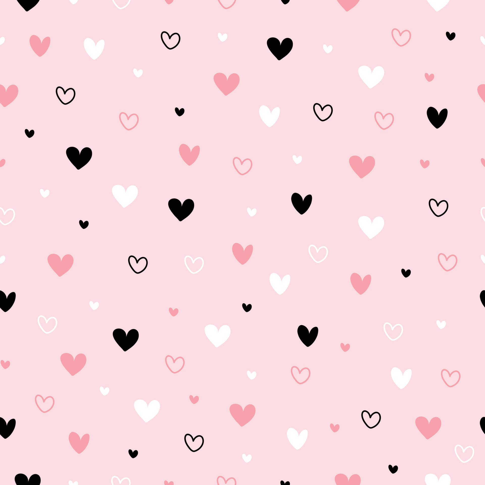 Tumblr Valentines Day 桌布 壁紙 — 柔和粉紅色背景，散落著黑色、白色和粉彩粉紅色的俏皮心形圖案。