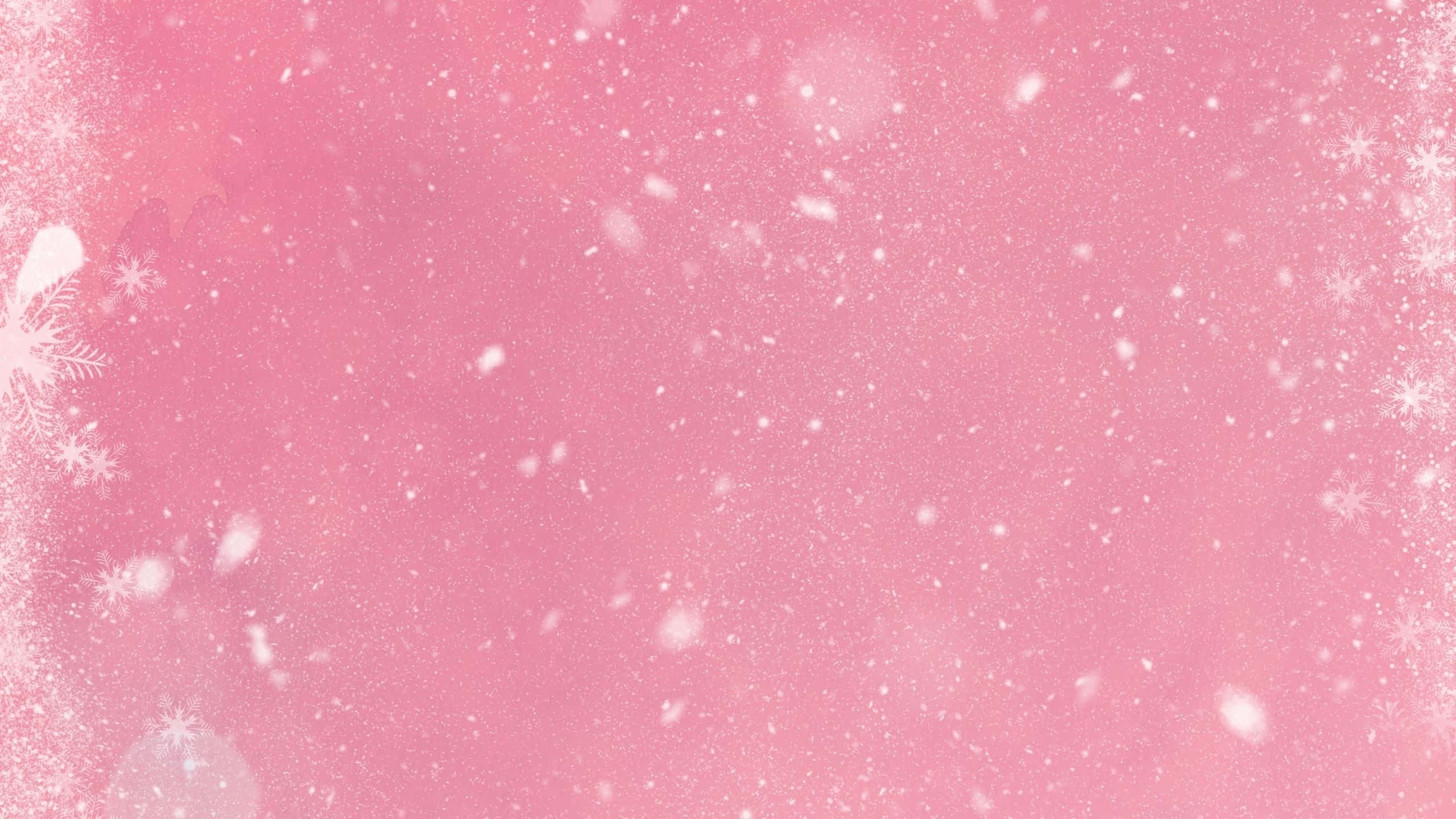 閃爍 桌布 壁紙 — 柔和粉紅色背景，白色雪花飄落，邊緣帶有精緻霜花圖案。