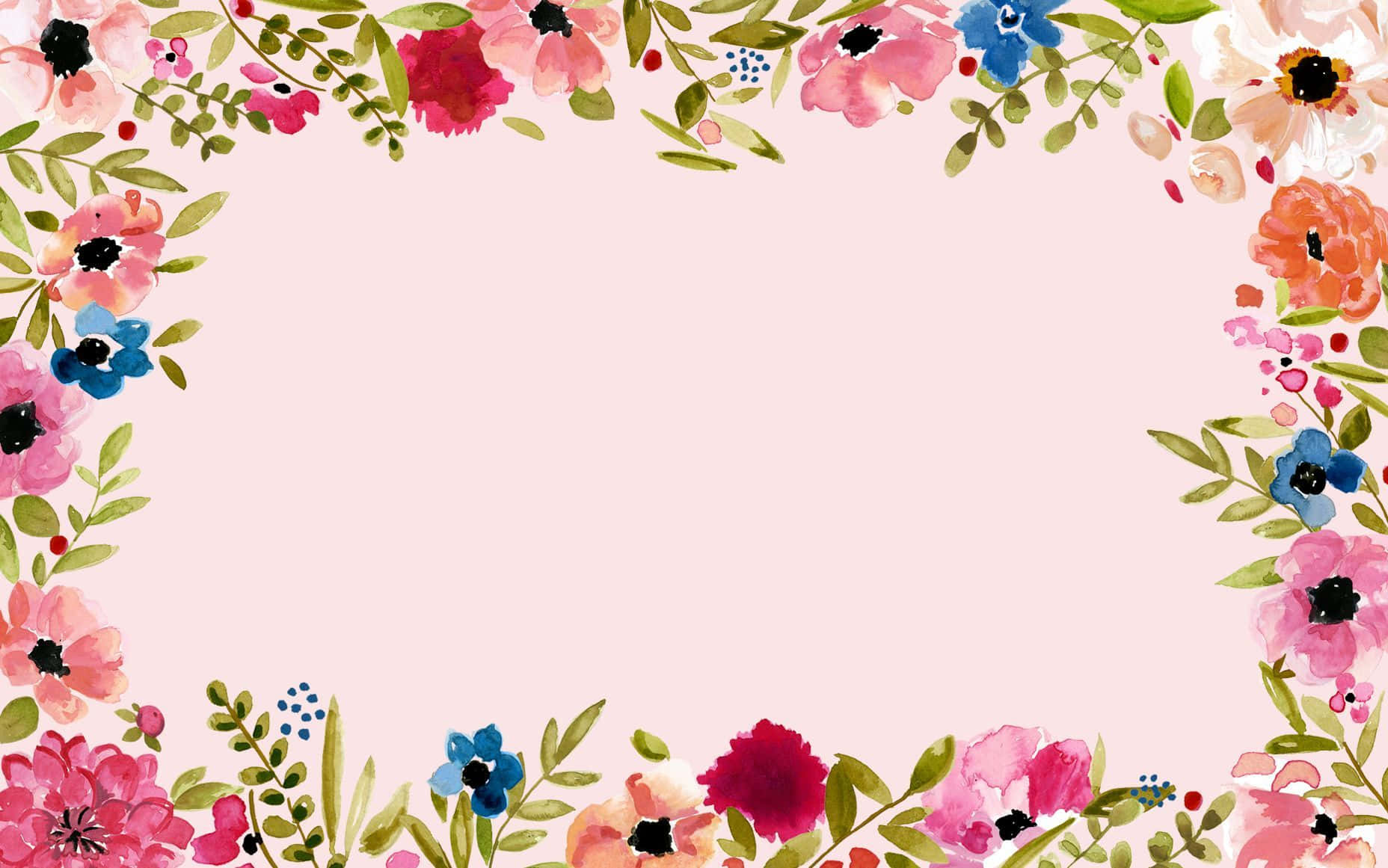 Cute Floral 桌布 壁紙 — 柔和粉紅色背景，襯以充滿活力的水彩花卉和綠葉，形成生動的花卉邊框。