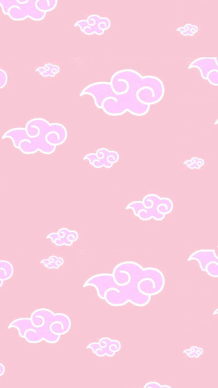 Pink Kawaii 桌布 壁紙 — 柔和粉紅色背景，點綴著分散的白色輪廓雲朵，大小各異。
