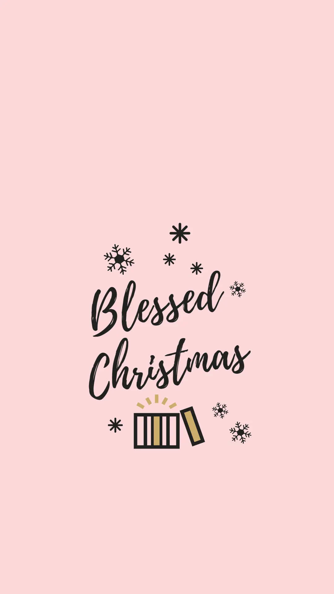 Cute Simple Christmas 桌布 壁紙 — 柔和粉紅色背景上，以優雅黑色字體書寫「蒙福聖誕」字句，周圍環繞雪花和禮物盒插圖。
