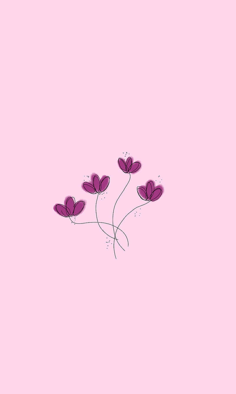 Simple Flower 桌布 壁紙 — 柔和粉紅色背景上，四朵紫色花朵的極簡線條藝術插圖，帶有精緻的莖。