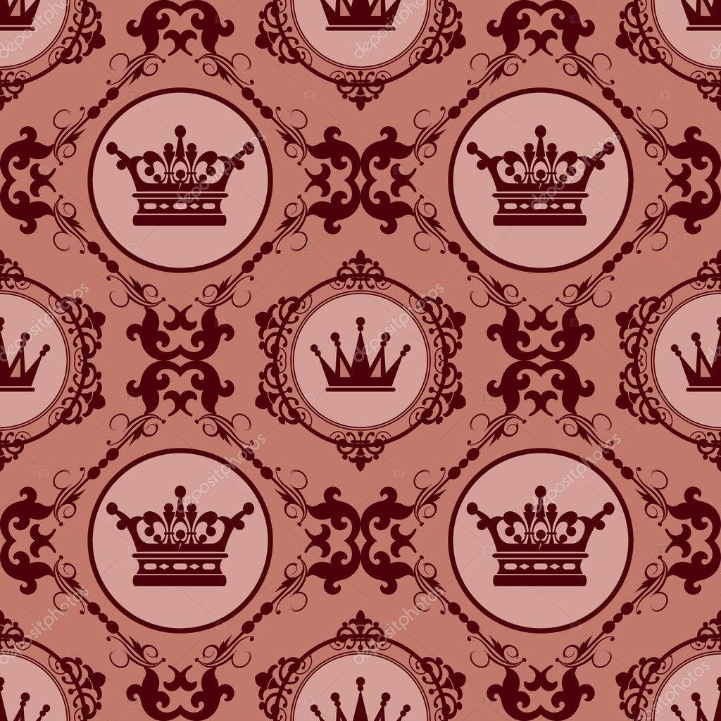 Royal 桌布 壁紙 — 柔和粉紅色背景上，深酒紅色皇冠在華麗框架中的優雅重複圖案。