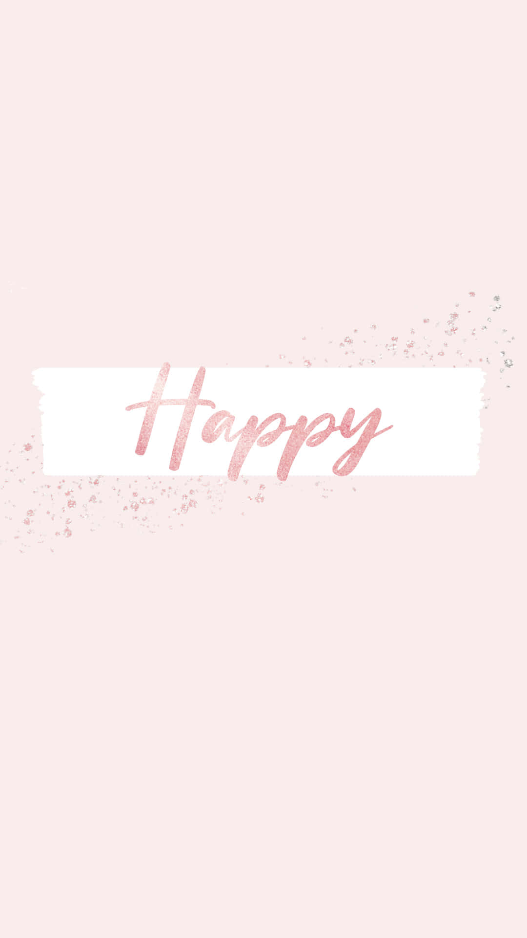 Happy iPhone 桌布 壁紙 — 柔和粉紅色背景上，白色筆觸帶有玫瑰金色草書的「Happy」字樣，並帶有閃爍亮片。