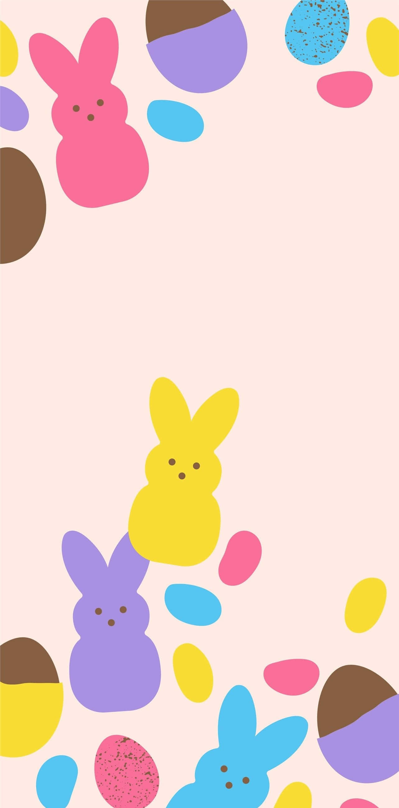 Cute Easter iPhone 桌布 壁紙 — 柔和粉紅色背景上，粉彩色的兔子和雞蛋形狀活潑地漂浮著。