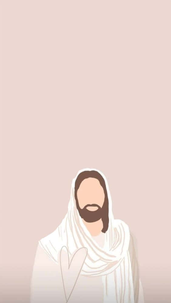 Aesthetic Jesus 桌布 壁紙 — 柔和粉紅色背景上帶有心形輪廓的白袍鬍鬚人物的極簡插圖。