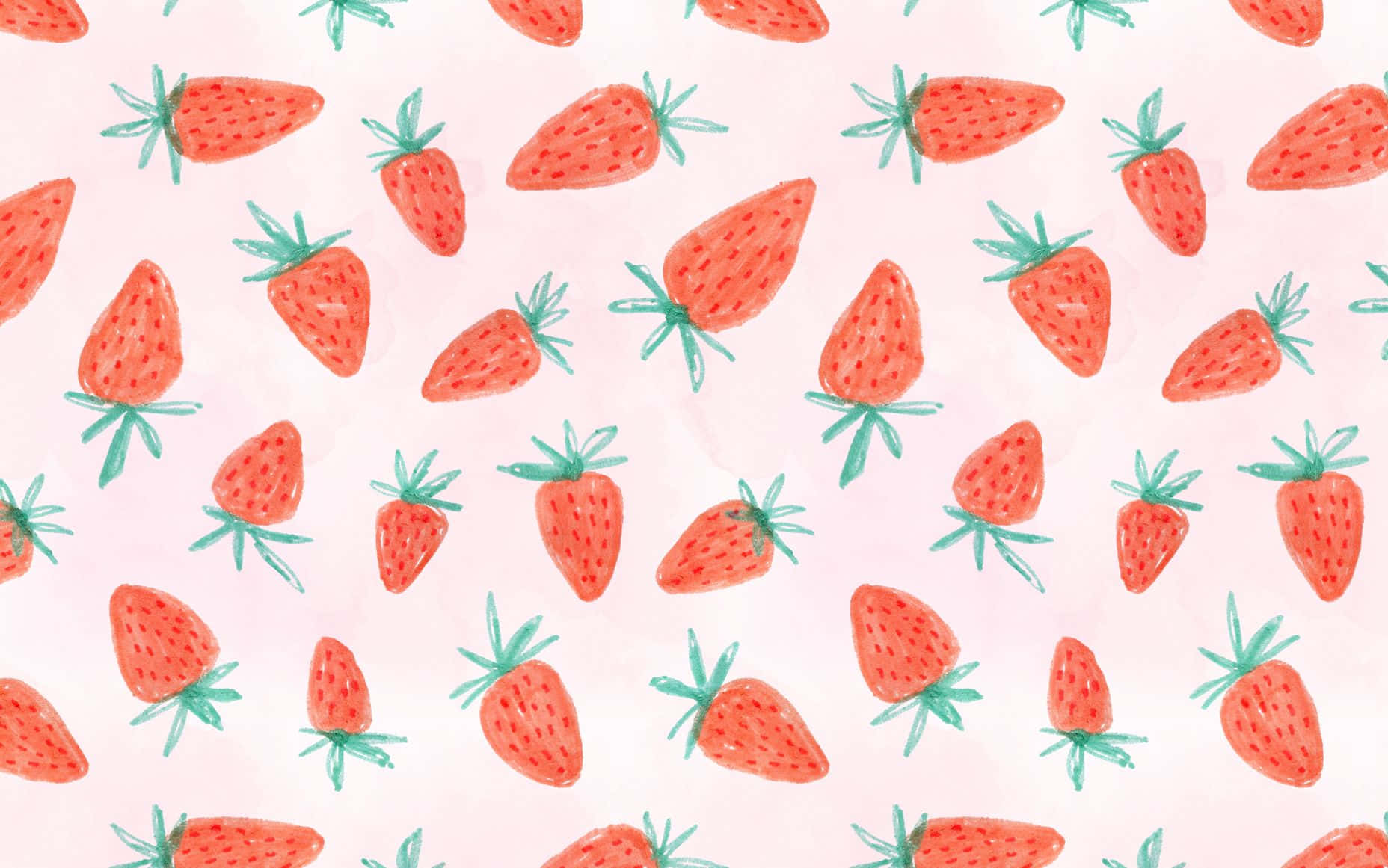 Cute Strawberry 桌布 壁紙 — 柔和粉紅色背景上散落著帶綠色莖的紅色草莓的水彩圖案。