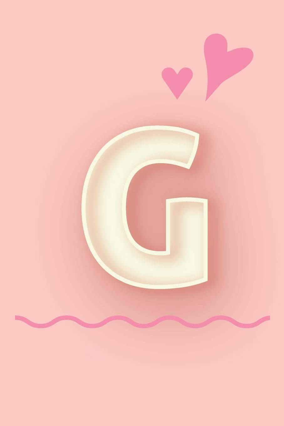 g 桌布 壁紙 — 柔和粉紅色背景上有一個3D奶油色字母G，帶有漂浮的心形和下方波浪線。