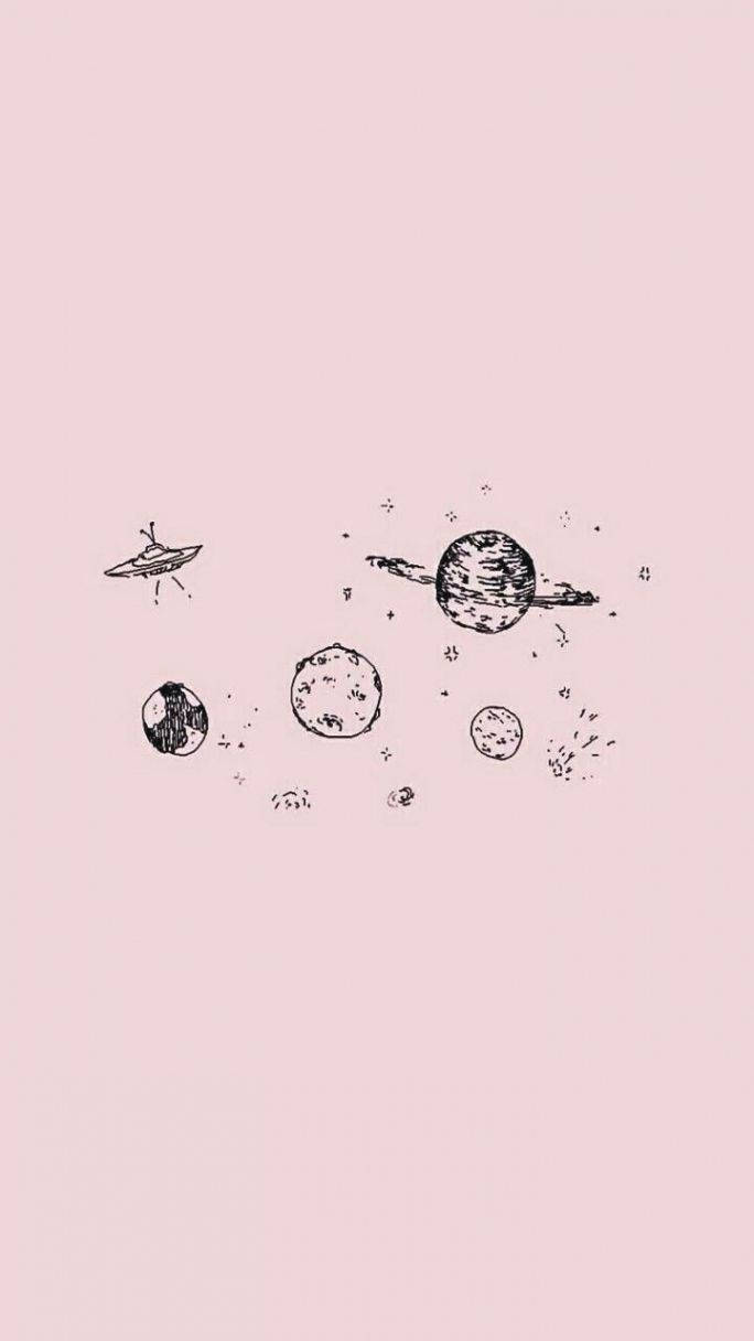 Pinterest 桌布 壁紙 — 柔和粉紅色背景上漂浮的行星和UFO的極簡黑色墨水素描。