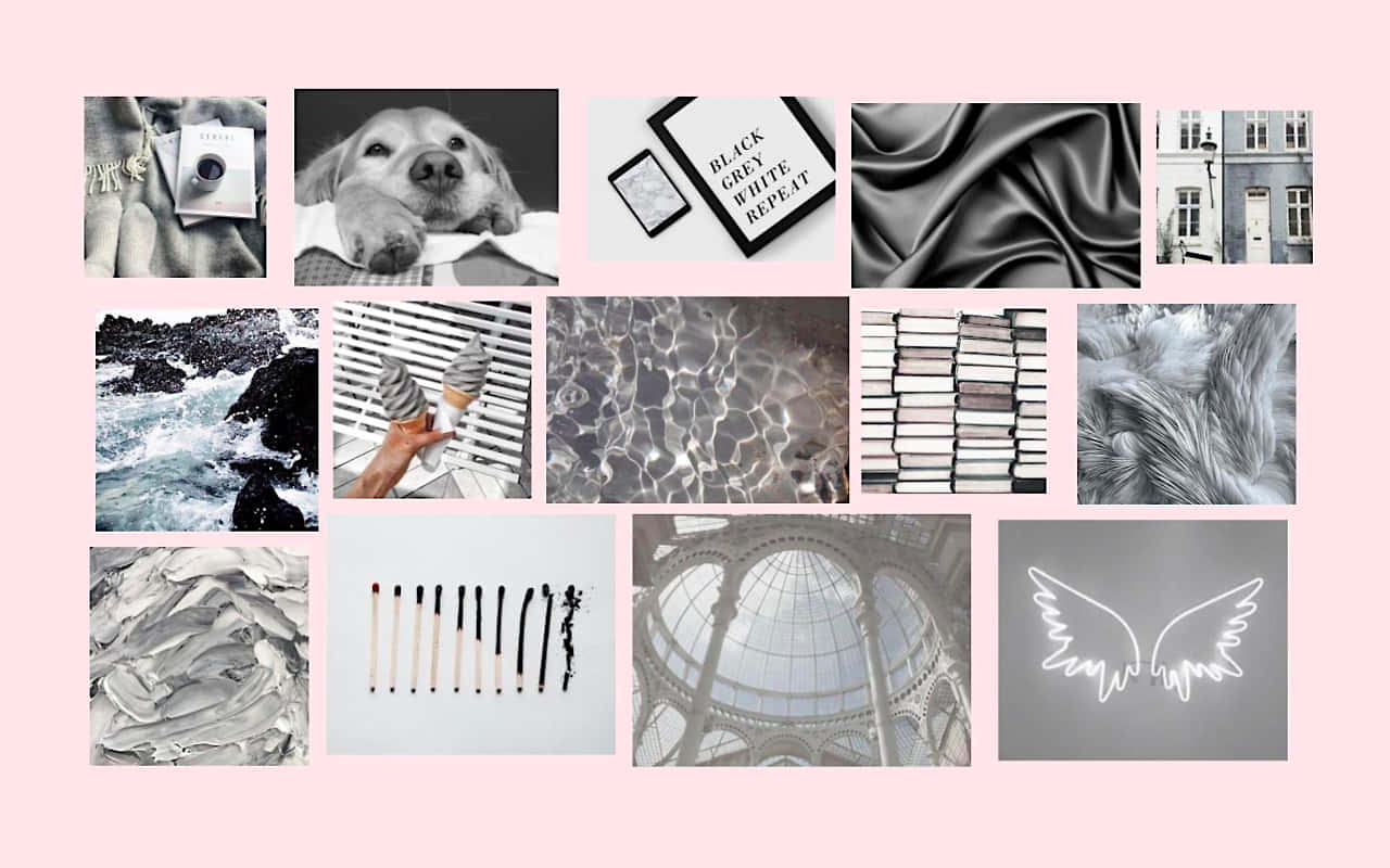 Macbook Collage 桌布 壁紙 — 柔和粉紅色背景展示了一幅單色圖像拼貼，包括狗、書架、霓虹天使和海洋波浪。