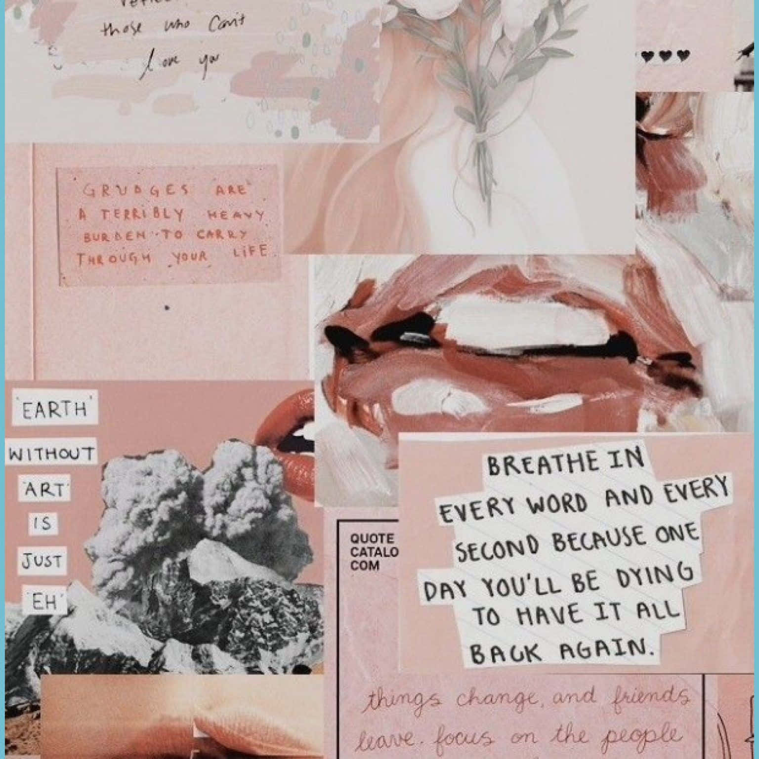 girly pink aesthetic 桌布 壁紙 — 柔和粉紅色調的手寫語錄、藝術插圖和紋理紙元素拼貼，營造夢幻內省的氛圍。