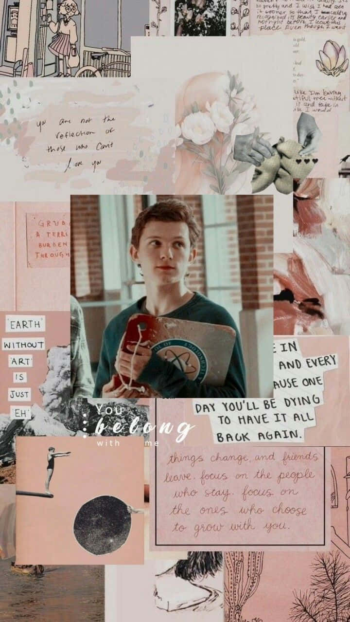 Tom Holland Aesthetic 桌布 壁紙 — 柔和粉紅色調的手寫語錄、藝術草圖和一個年輕男子手持紅色杯子的中央照片拼貼畫。