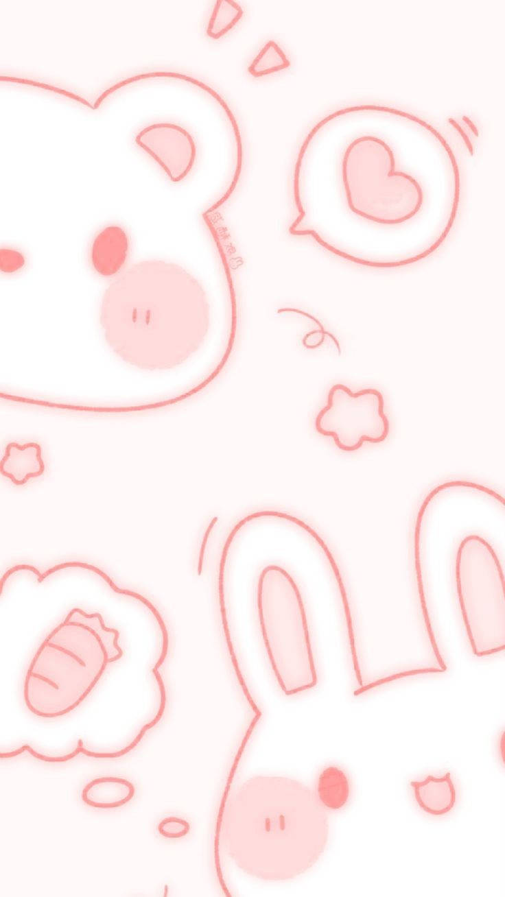 兔子 桌布 壁紙 — 柔和粉紅色輪廓的卡通動物和心形在淡粉紅色背景上輕輕漂浮。