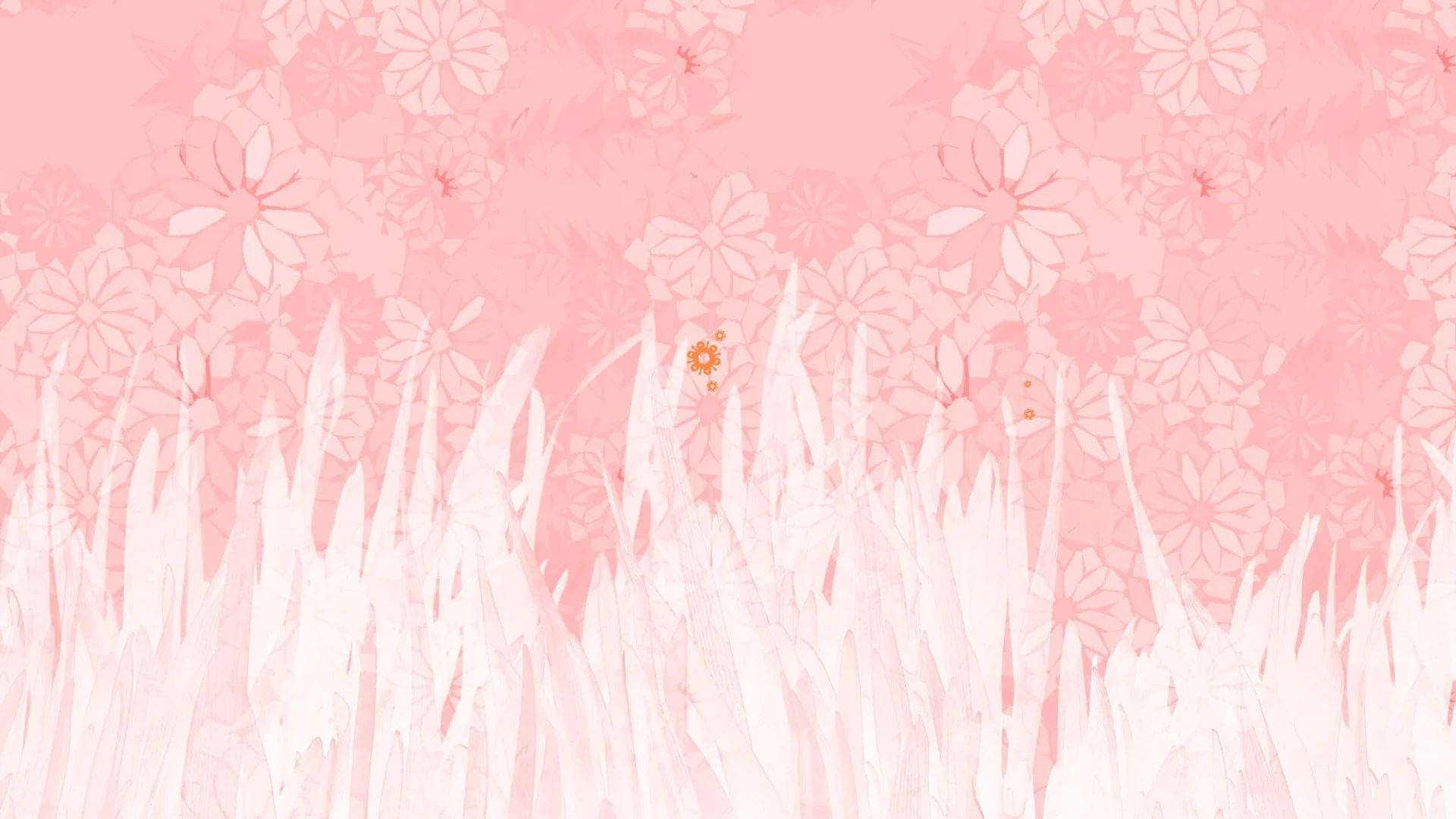 美學粉色GIF 桌布 壁紙 — 柔和粉紅花卉壁紙，帶有白色草葉和前景中的一朵橙色花。