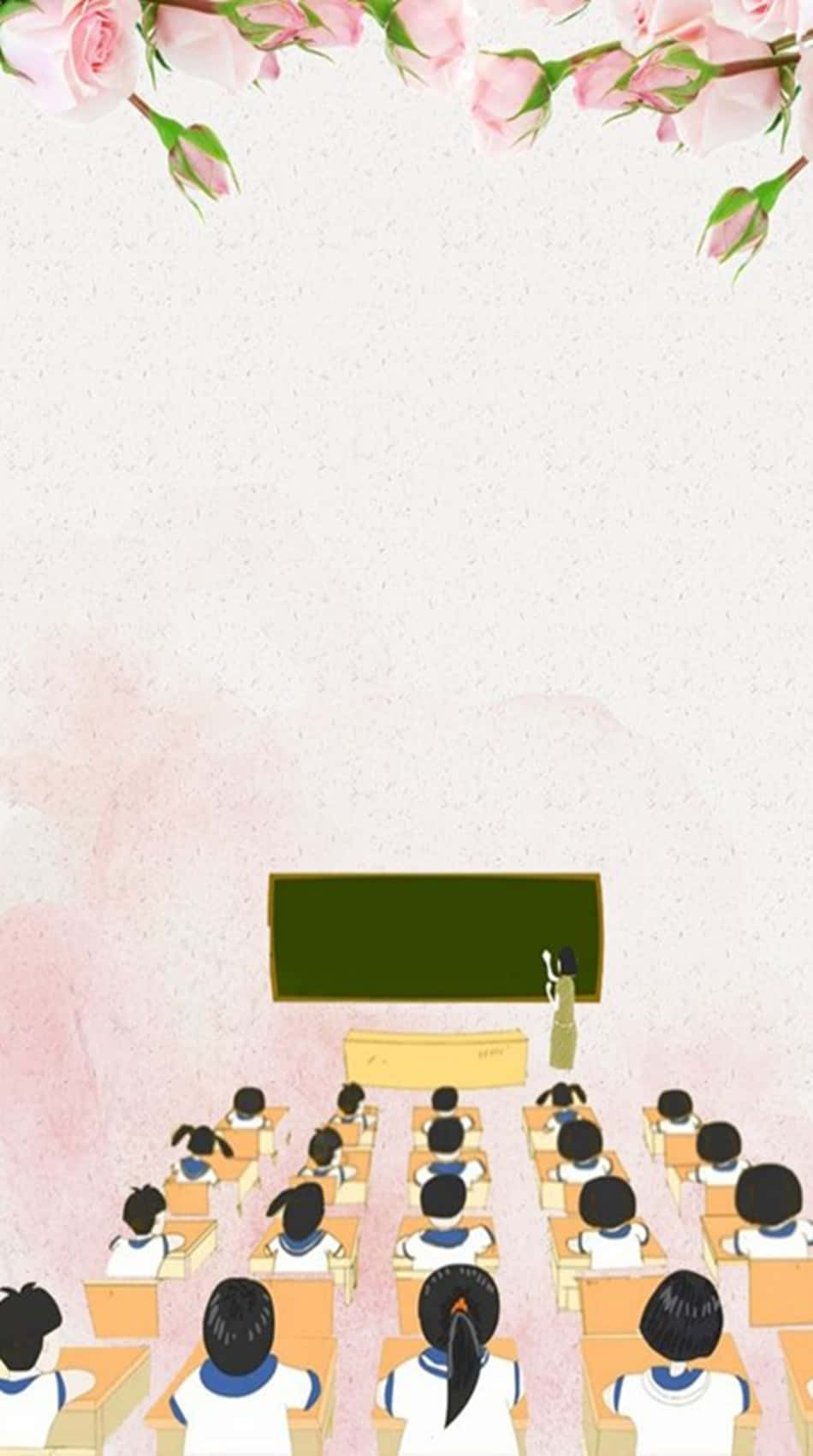 teachers 桌布 壁紙 — 柔和粉紅花卉邊框下，學生面向黑板前老師的水彩風格教室場景。