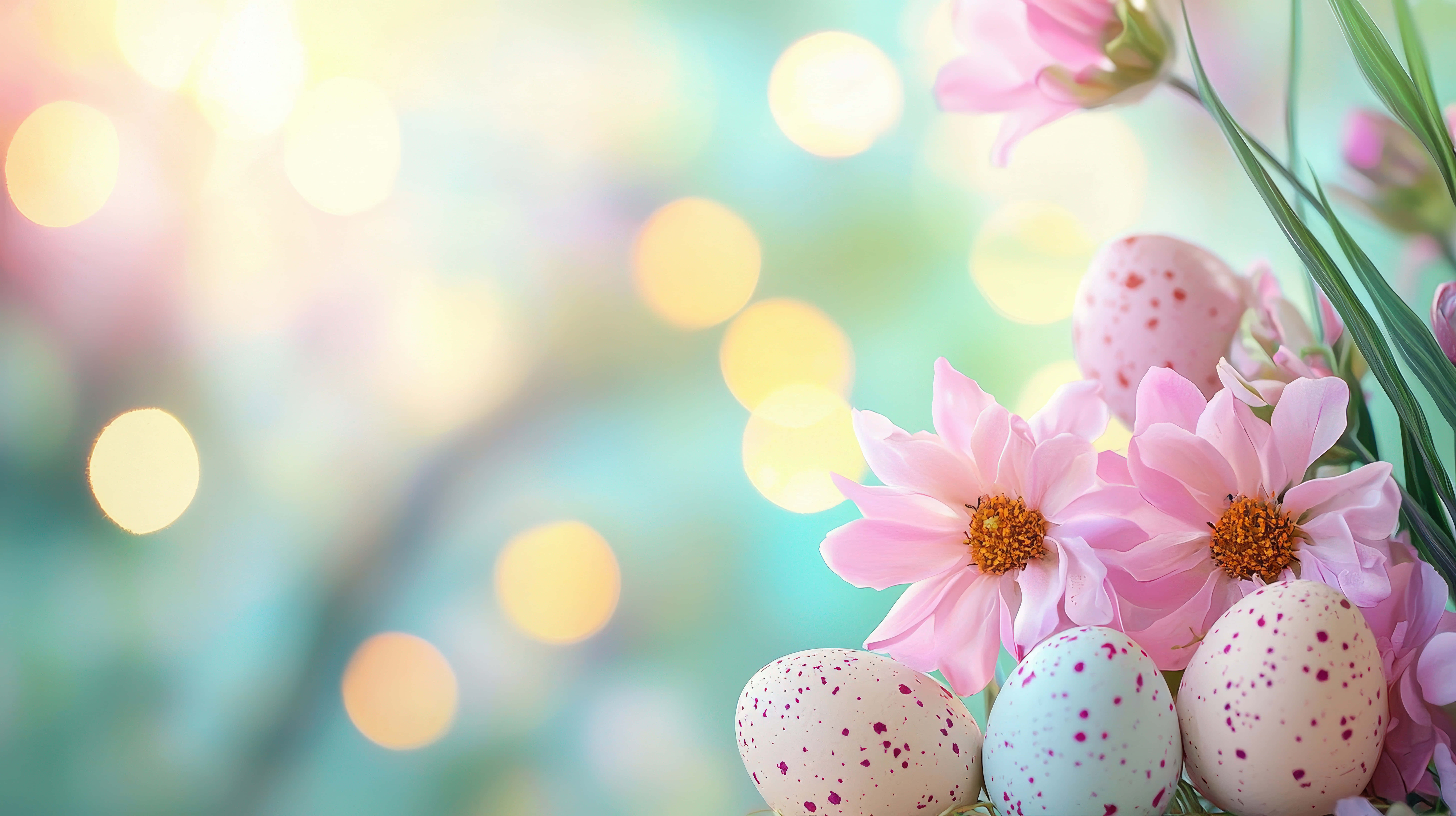 Eggs 桌布 壁紙 — 柔和粉紅花朵中點綴著粉彩斑點蛋，背景中溫暖的散景燈光閃爍。