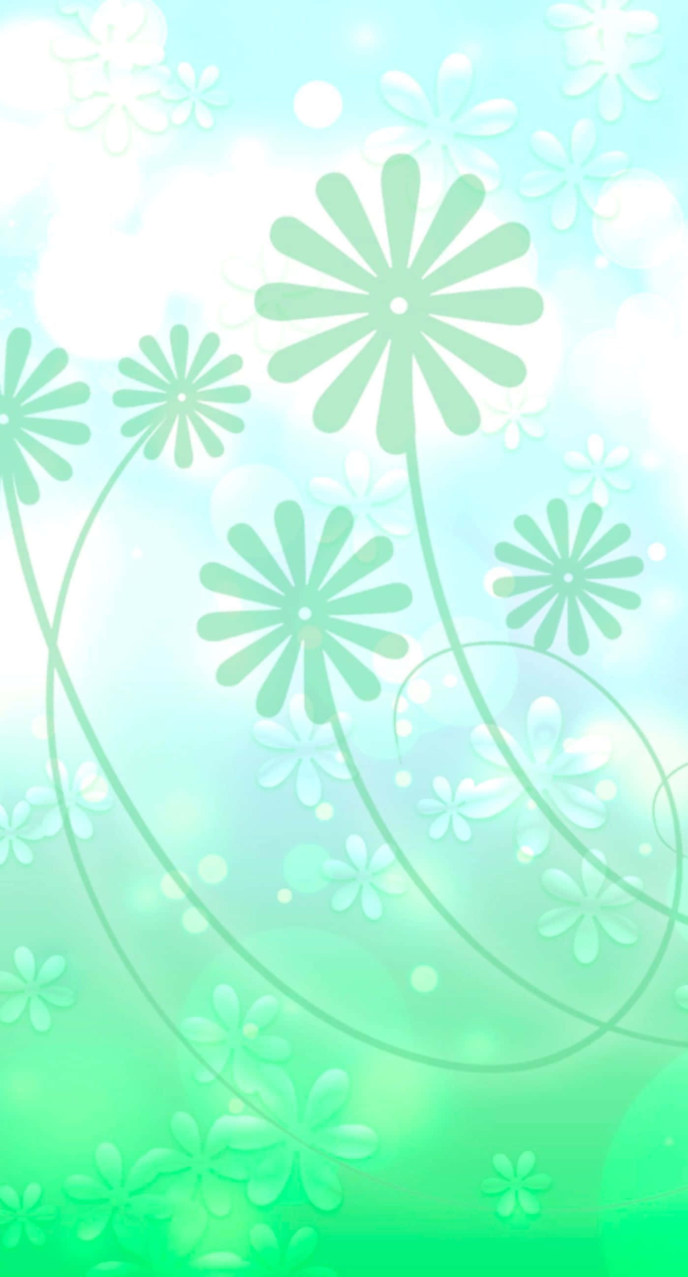 Flowers 桌布 壁紙 — 柔和粉綠和藍色漸變背景，配上風格化的雛菊和漩渦線條，營造出夢幻花卉圖案。