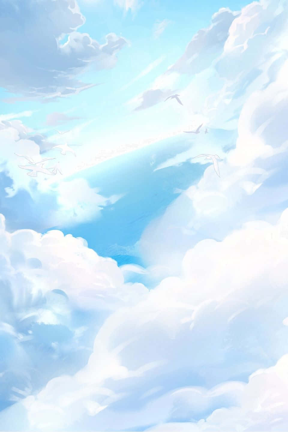 White Cloud 桌布 壁紙 — 柔和粉藍色天空，蓬鬆白雲與鳥兒在溫柔光線中翱翔。