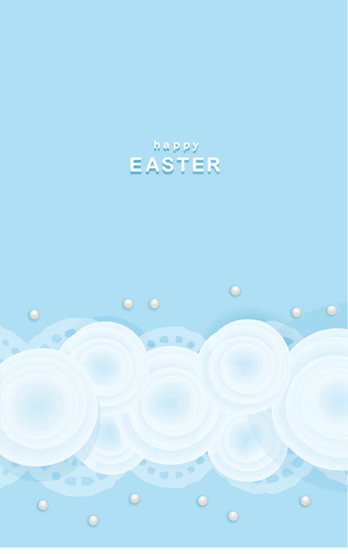 Aesthetic Easter 桌布 壁紙 — 柔和粉藍色背景，層疊白色紙花和散落的珍珠，下方有「happy easter」文字。