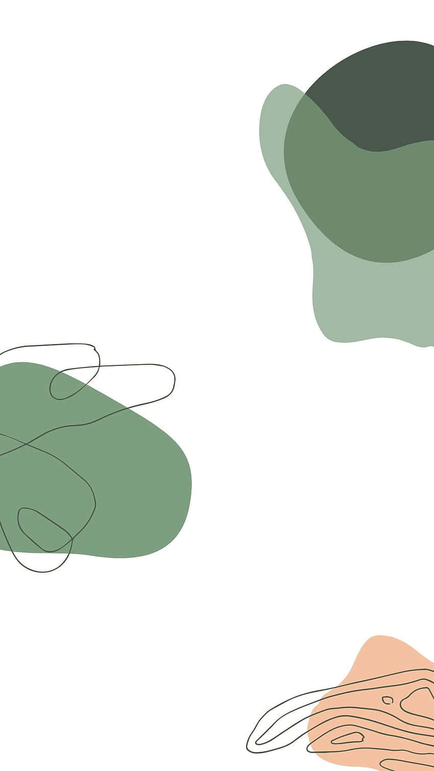 Shapes 桌布 壁紙 — 柔和綠色和桃色的極簡抽象形狀漂浮在白色背景上，帶有精緻的線條藝術點綴。