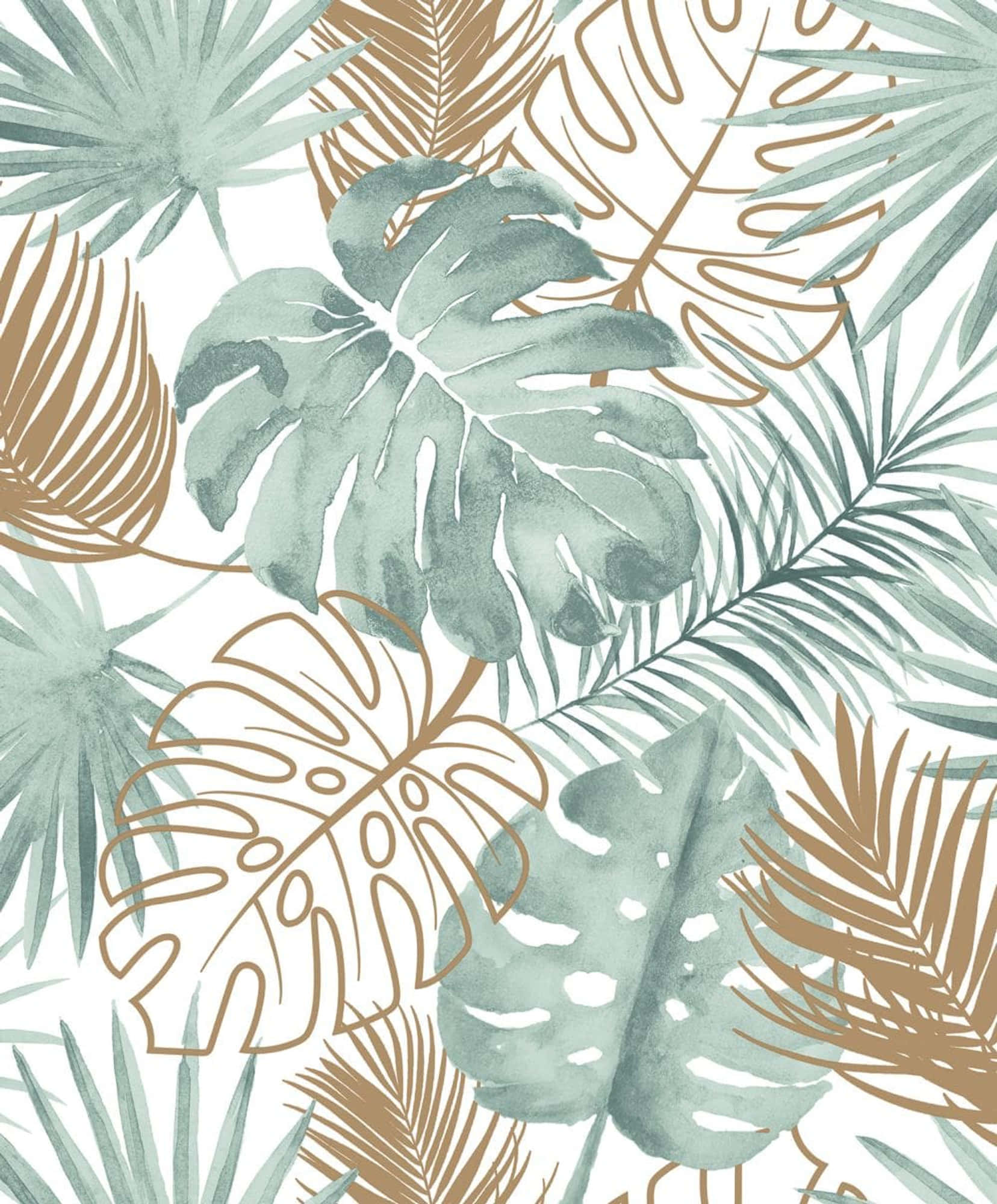 Tropical Leaves 桌布 壁紙 — 柔和綠色和金色的水彩風格熱帶葉子在白色背景上重疊。